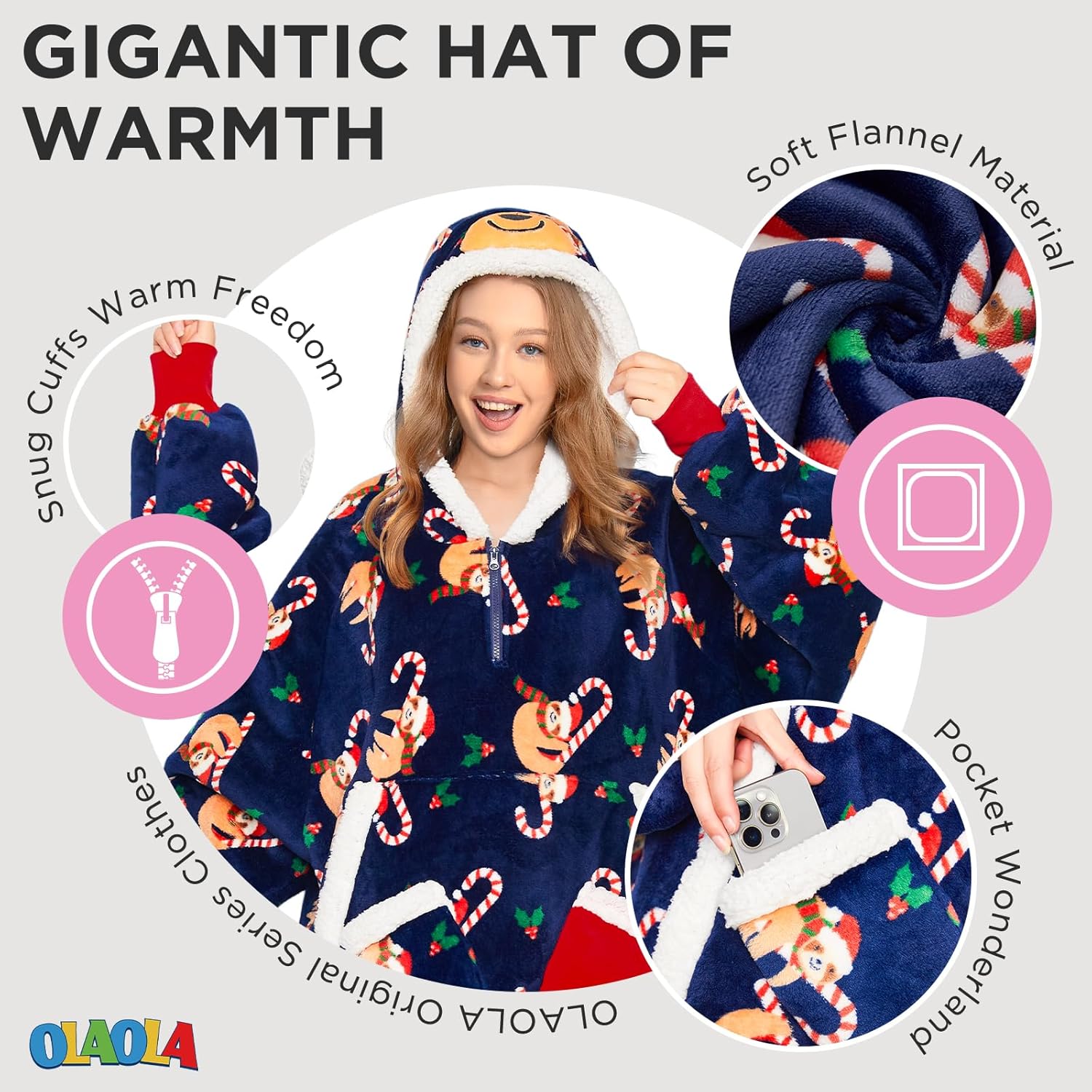 OLAOLA Wearable Blanket Hoodie for Adults, Oversized Fluffy Hooded Blanket Thick Sweatshirt with Pockets - Image 2