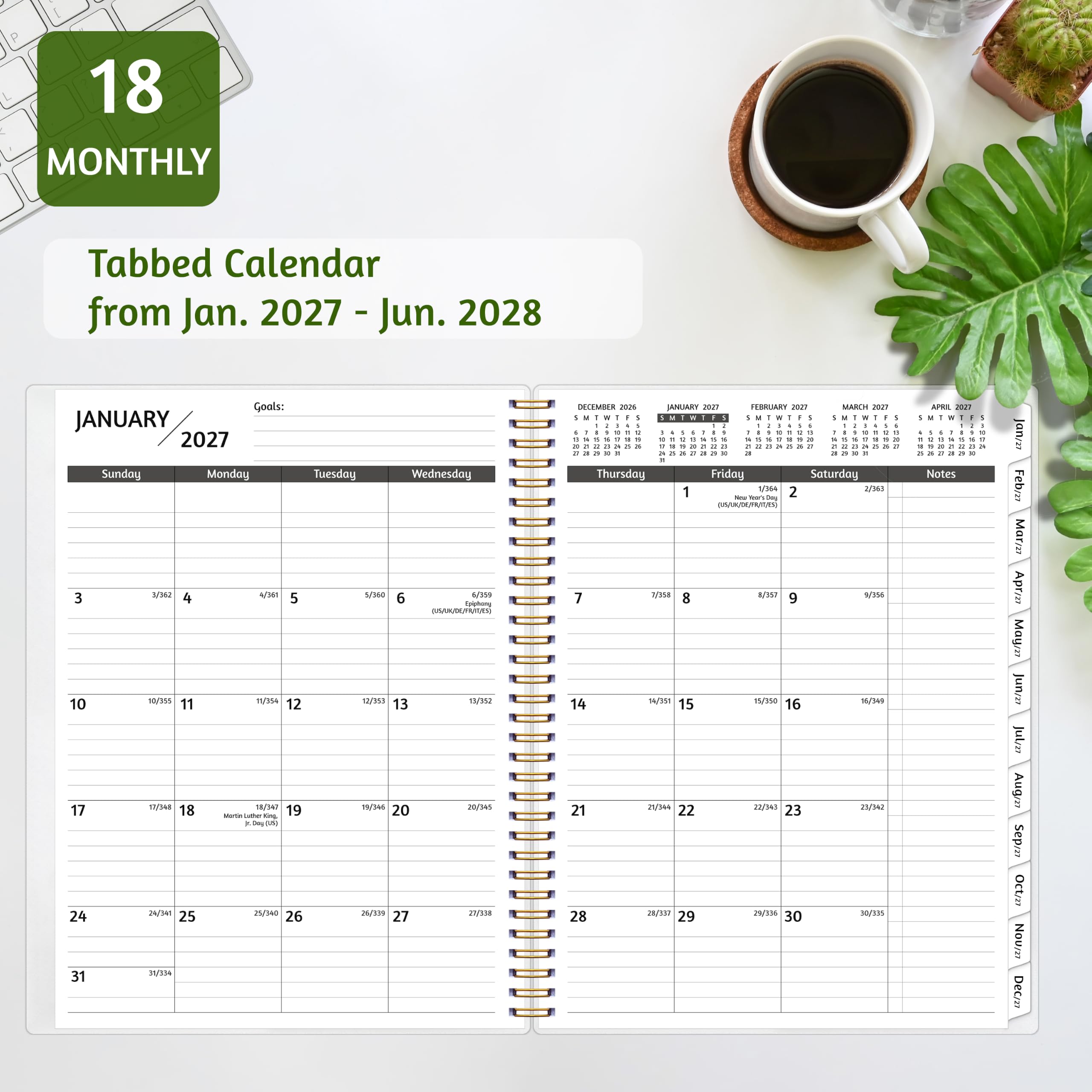 Monatsplaner 2027–2028, 18 Monate, Kalender 2027–2028 von Januar 2027–Juni 2028, 21,6 x 27,9 cm, mit linierter Aufbreitung, flexiblem Einband, Spiralbindung, Tasche, beschichtete Tabs, Notizen und