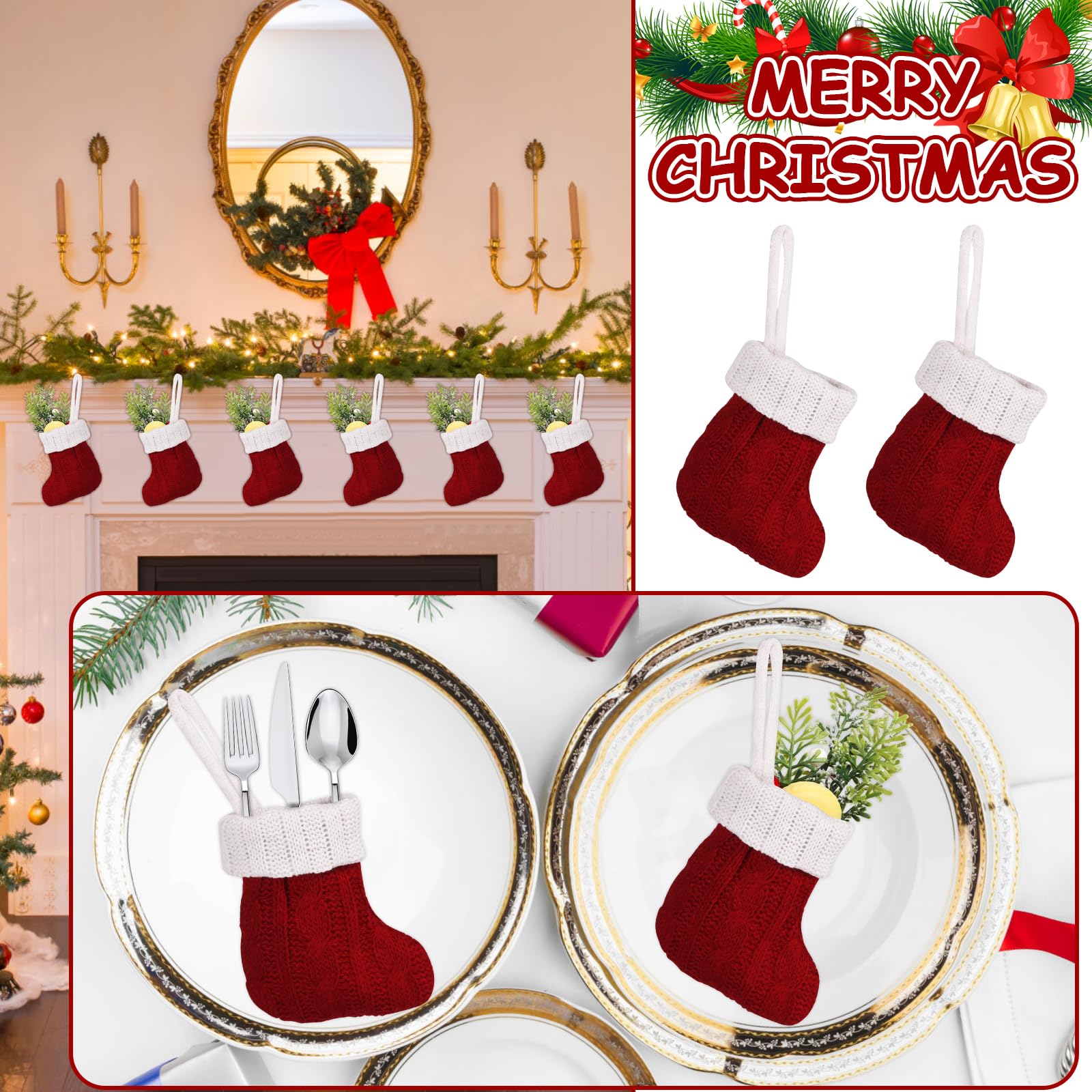 CCINEE Mini-Weihnachtsstrümpfe, rot, gestrickt, Weihnachtsstrümpfe, kleine Strick-Hängestrümpfe, Dekoration für Ferienhaus, Wand, Kamin, Weihnachtsbaumdekoration, 12 Stück