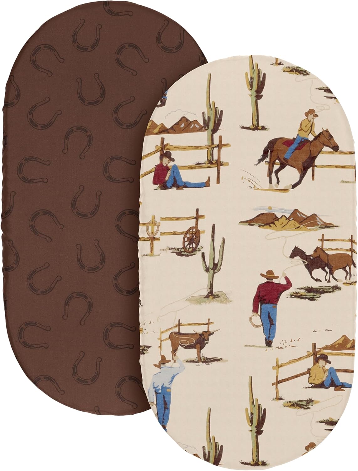 Sweet Jojo Designs 2-Piece Baby Bassinet Sheets Set (Tan Brown Western Cowboy) for Boys, Infant Newborn Nursery, Oval, Rectangle & Hourglass Mattress (Horseshoe Print & Wild West Southern Charm Horse)