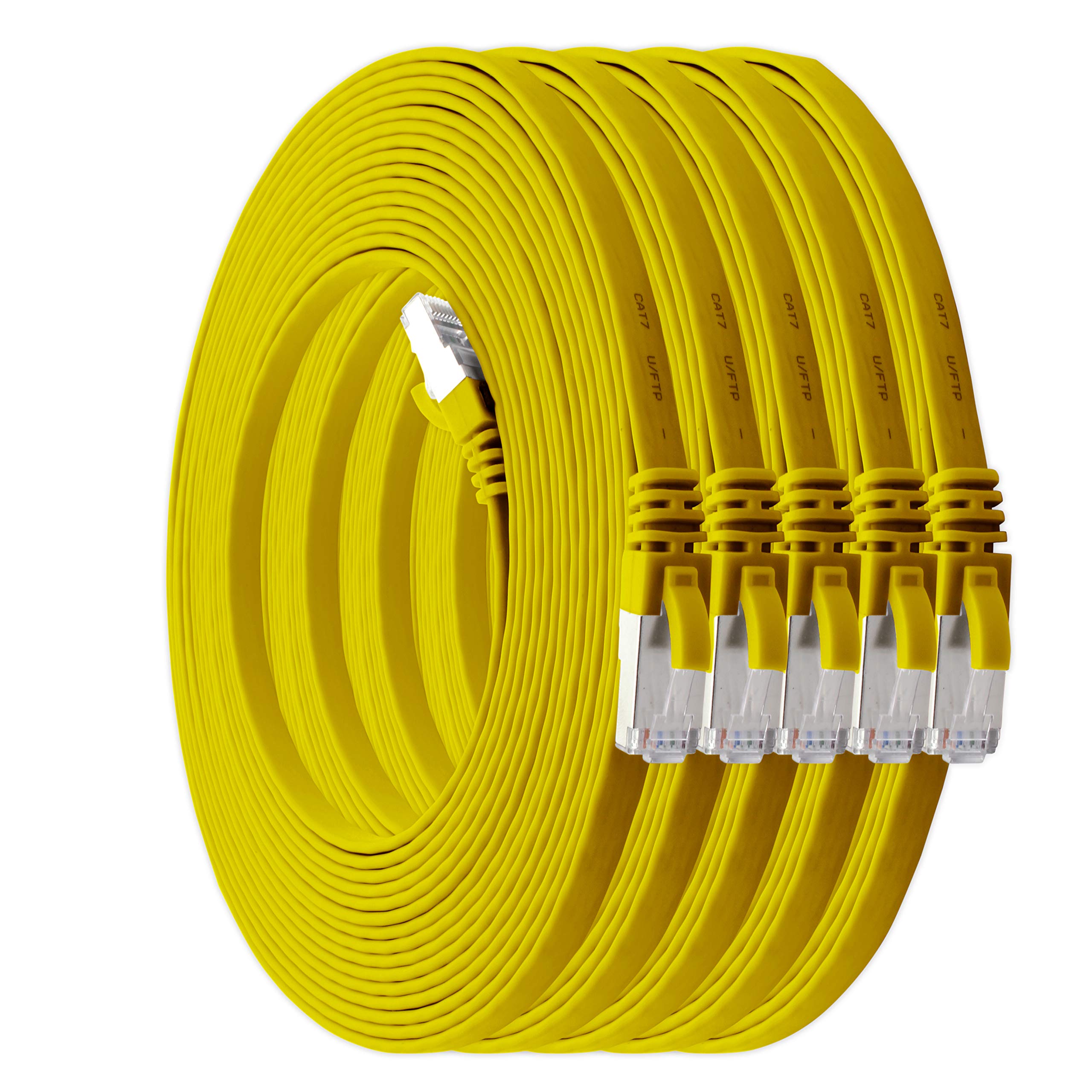 1aTTack.de 0,5m - gelb - 5 Stück Cat7 Flachkabel Netzwerkkabel Cat 7 Rohkabel Gigabit Lan (10Gbit/s) Flachbandkabel Verlegekabel Patchkabel Flach Slim Rj 45 Stecker Cat6a