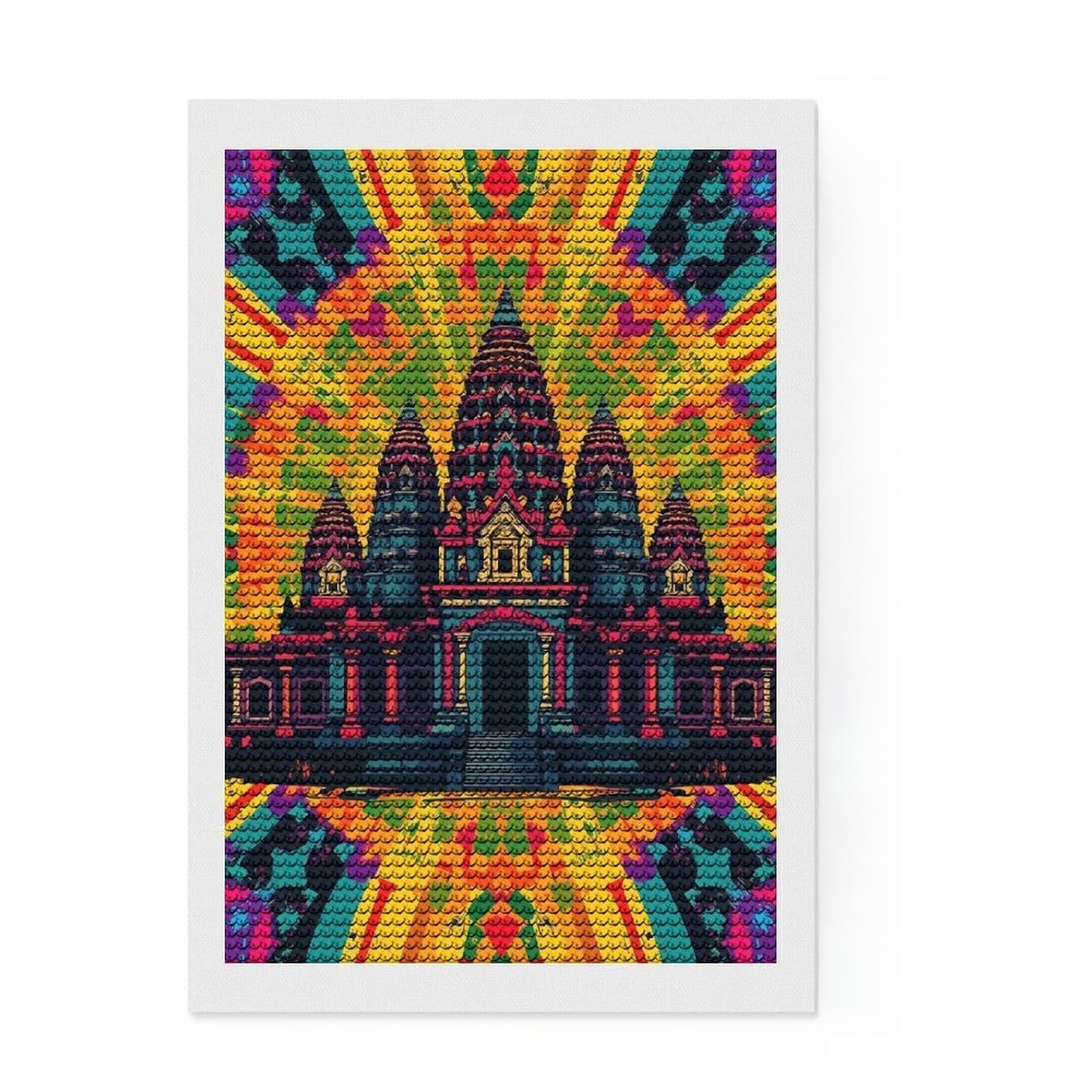 Junmoney Angkor Wat Psychedelic Art 5D Diamond Painting Kit 8"x12", for Teens, Living Room Decor, Full Kit Included, Artistic Hobby, Leisure Activity