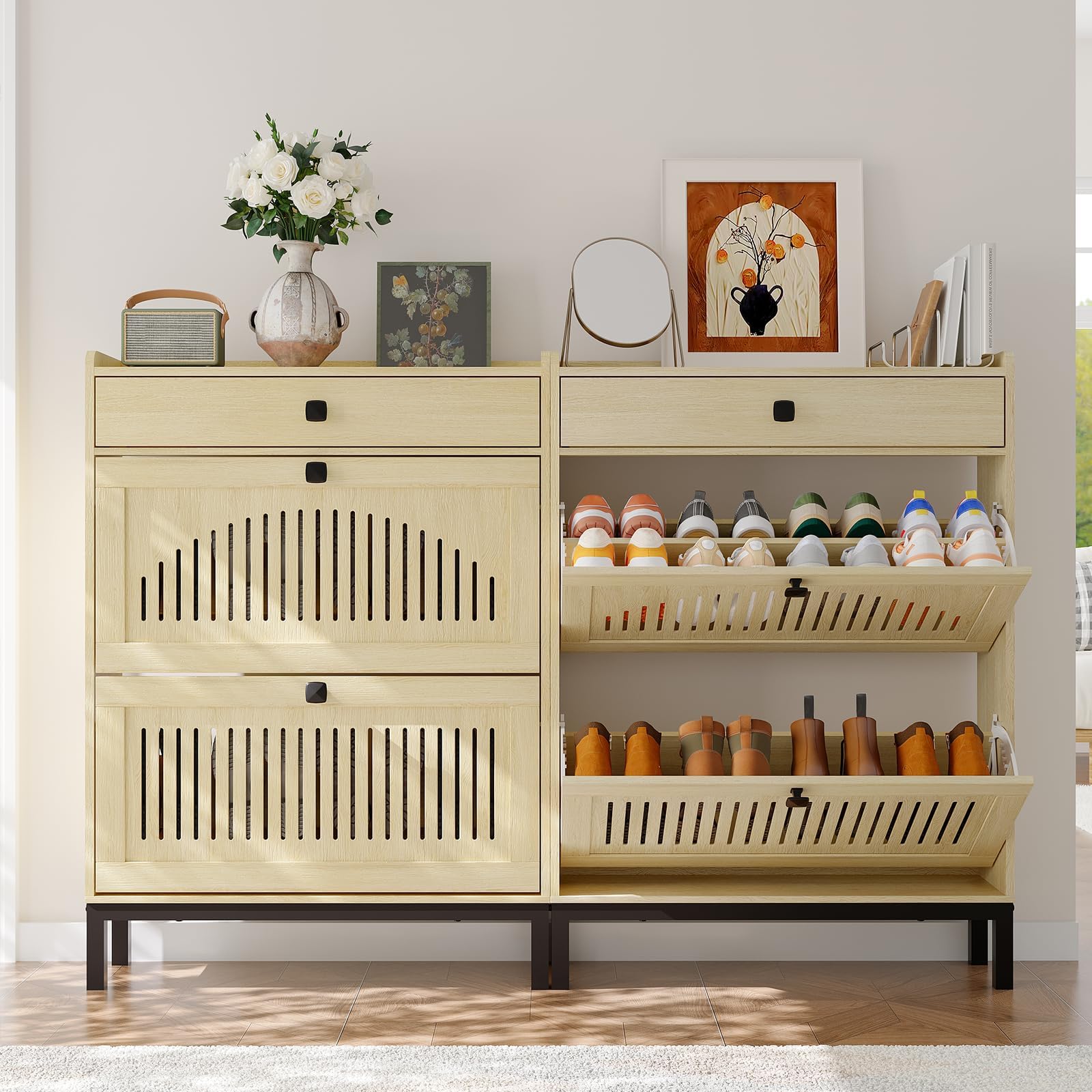 Zstar Armoire à Chaussures 2 tiroirs rabattables, étagères réglables, Grand Rangement dissimulé, en Bois indépendant pour entrée, Couloir ou Salon — Bois Naturel.