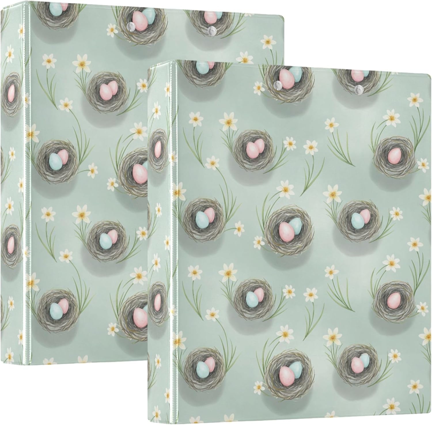 Easter Eggs and Flowers 3 Ring Binders, 1.5” Round Ring Binders with Clipboard - Letter Size, 3 Interior PVC Clear Pockets & Anti-Slip Clip for Office School Supplies, 2PCS
