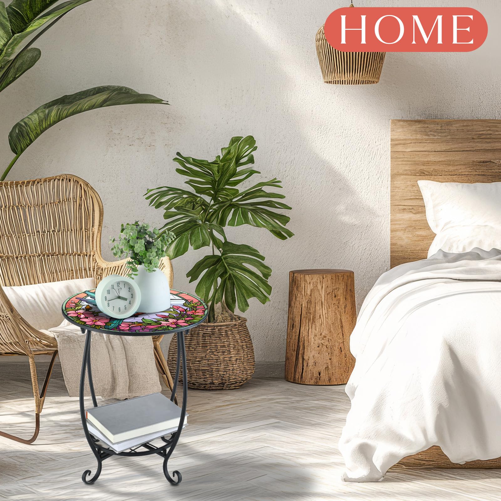Mesa auxiliar redonda para exteriores, mosaico pequeño, decoración de patio, planta interior, mesa de té de metal para patio, porche, jardín, patio, sala de estar, dormitorio (estilo colibrí 5