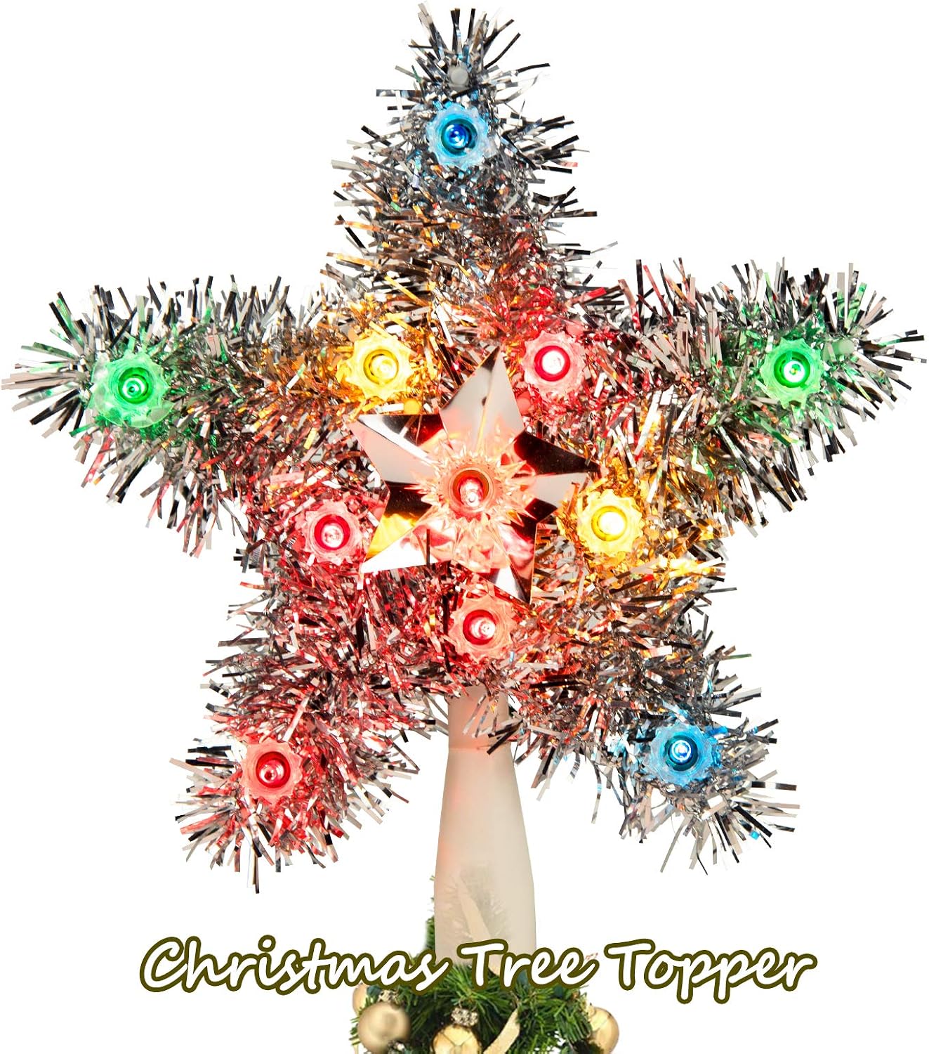 Tinsel Wreath Tree Topper with 10 Mini Lights, 8” Colorful Star Christmas Tree Top for Indoor Outdoor Office Holiday Decorations (Multicolored)