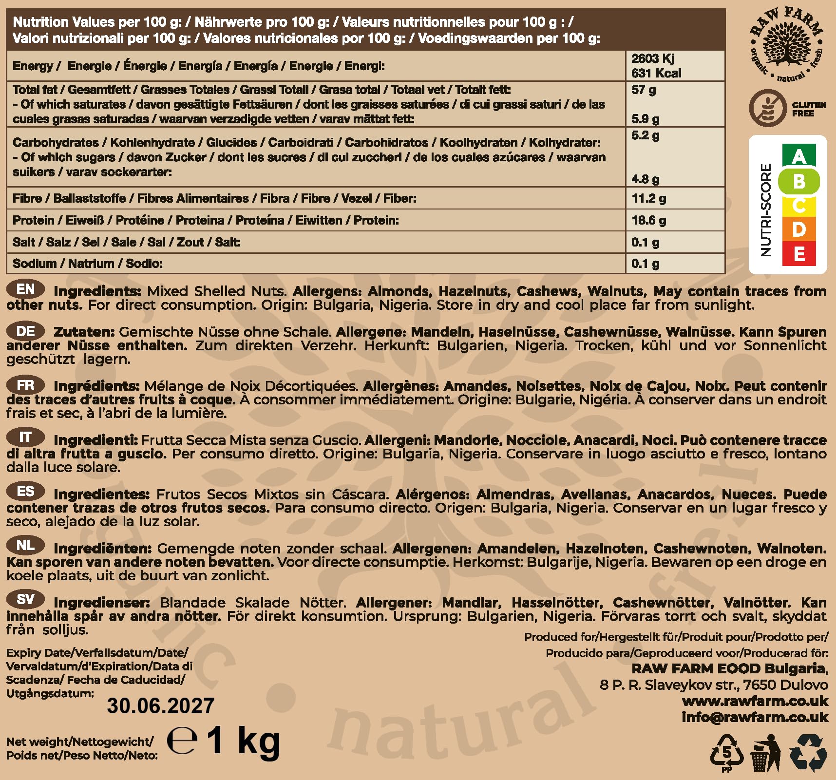 Raw Farm - Noix crues mélangées - Noisette, amande, noix de cajou, noyaux de noyer 1 kg