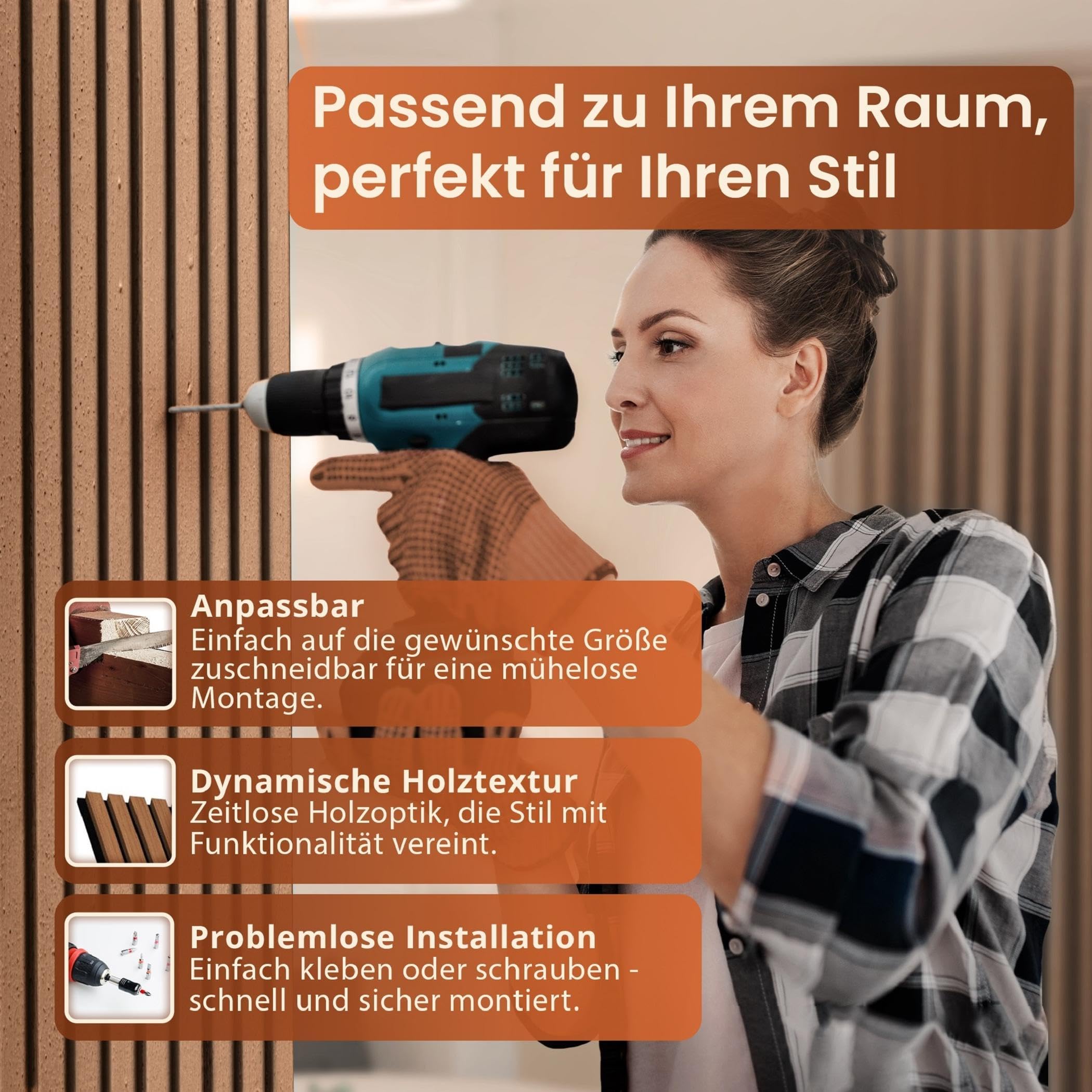 NEU.HOLZ Akustik Wandpaneele Vang 8er Set Wandverkleidung zum Kleben und Schrauben 5,76 m² Holzfurnier 3D Paneele Lamellen in Teakoptik