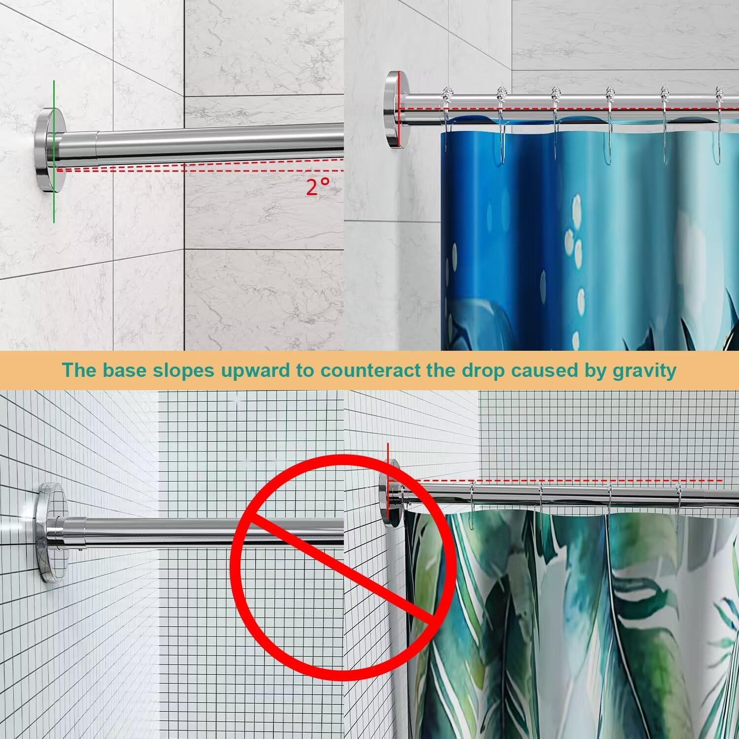 Corner Shower Curtain Rod, Adjustable (24"-37" x 24"-37"), L Shaped Shower Curtain Rod, Genuine 304 Stainless Steel, Unsagging, Drill-Free, 90° Corner Design, Includes 12 Shower Curtain Rings
