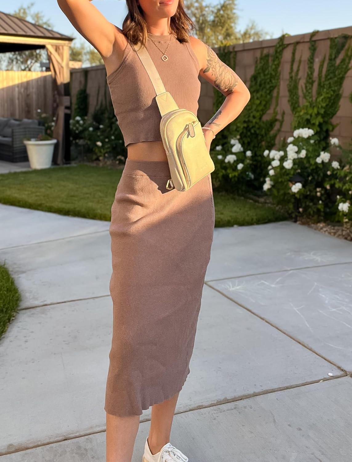 Arach&Cloz Women's Non See Through 2 Piece Sets Tank Top and Midi Skirt Knit Outfits - Image 5