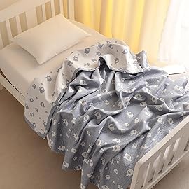 NTBAY 3 Layer Oversized Muslin Cotton Toddler Blanket, Jacquard Reversible Nursery Bed Blanket, Super Soft and Thermal for All Seasons, Baby Gift, 45x60, Blue Elephant