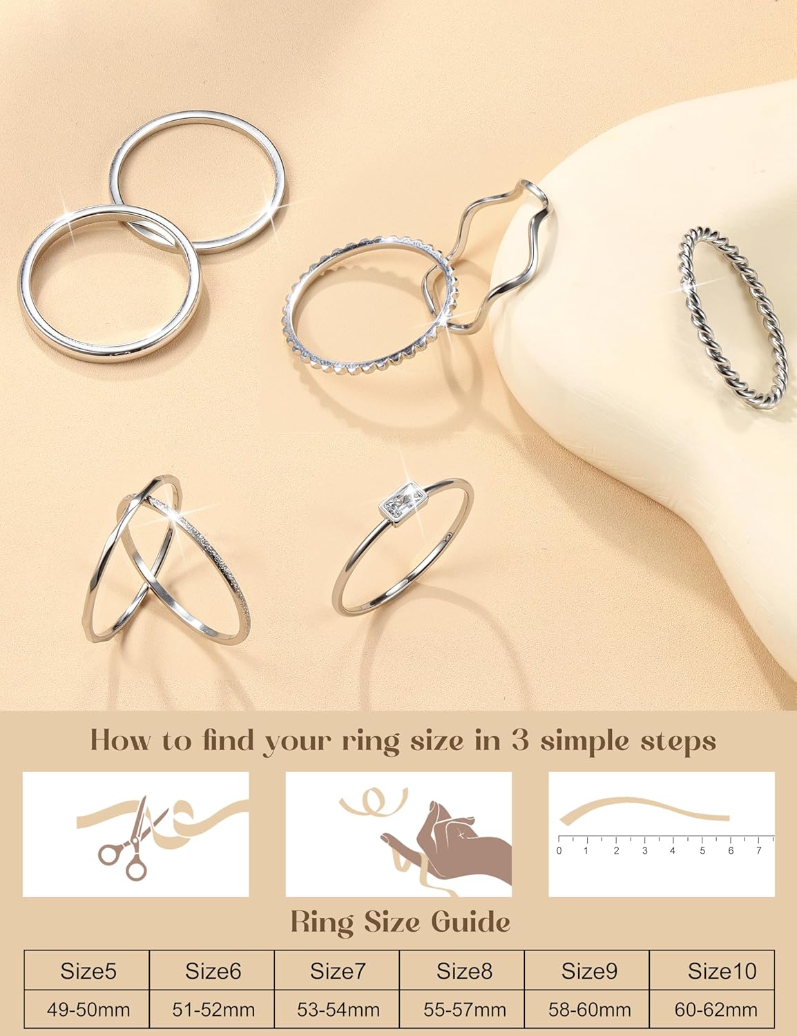 THUNARAZ 8Pcs Stackable Rings for Women Non Tarnish 14K Gold Plated Stainless Steel Dainty Rings Set Minimalist Thin Thumb Ring Cubic Zirconia Wave Statement Ring Bands for Women Size 5-10 - Image 5