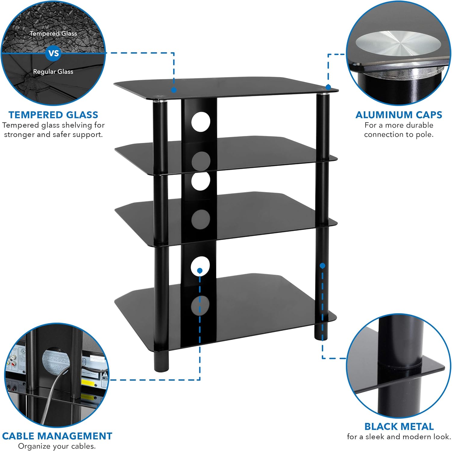 Best Cyber Monday 🔥 Mount-It! AV Component Media Stand, Audio Tower and Media Center with 4 Tempered Glass Shelves, 88 Lbs Capacity, Black Silk (MI-867)