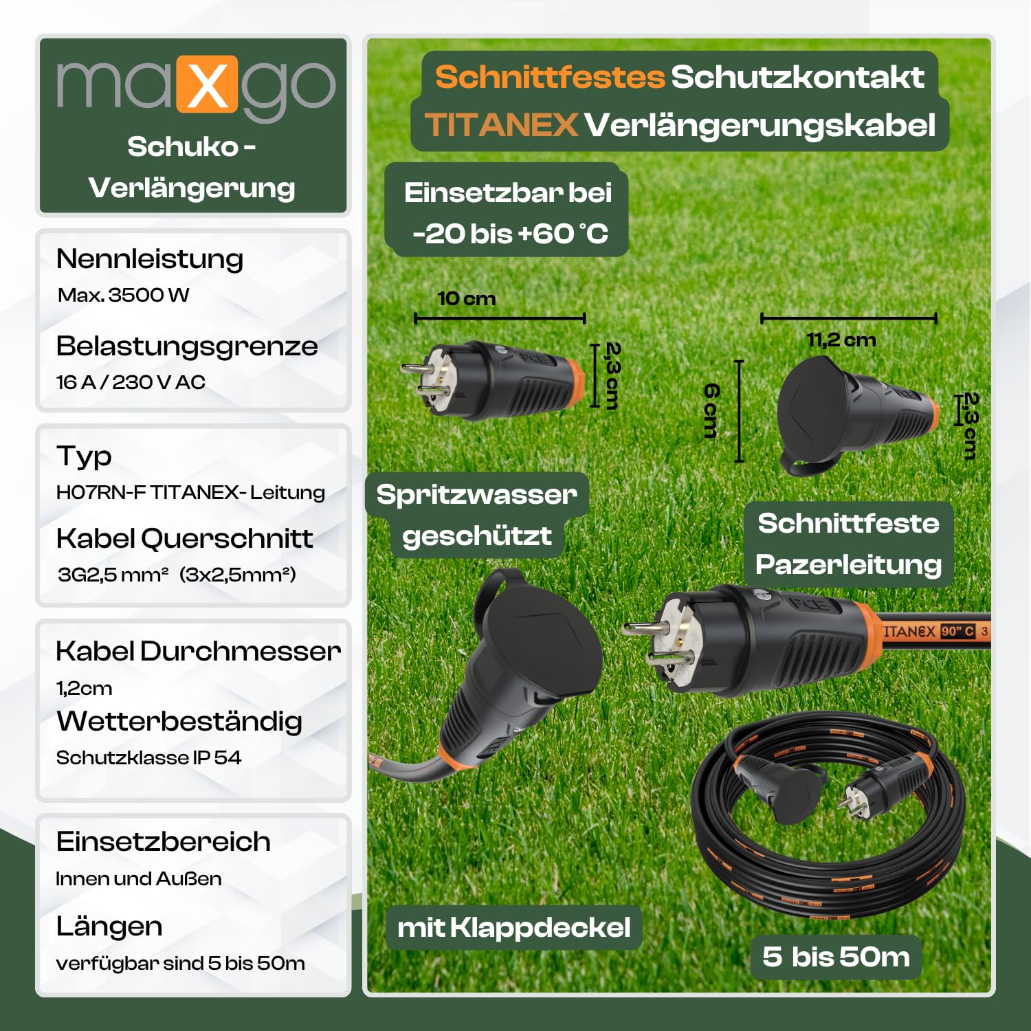 maxgo verlängerungskabel 5 Meter IP54 außen verlängerung 5m stromkabel außenbereich Kabel Strom verlaengerungskabel Voll-gummikabel PCE H07RN-F 3x2,5mm² schuko Outdoor Extension Cord