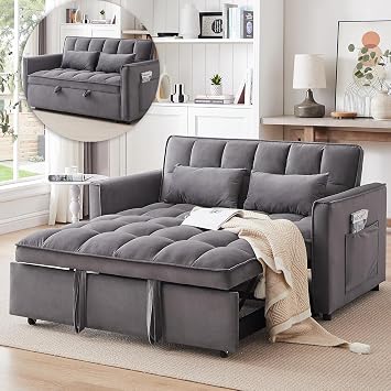 3 In 1 Velvet Convertible Sofa Bed, Pull Out Couch Bed with Reclining Backrest And 2 Pillows, 54" Full Size Loveseat Sleeper Sofa Futon Couch Beds, Couches For Small Spaces, Living Room Medium Grey