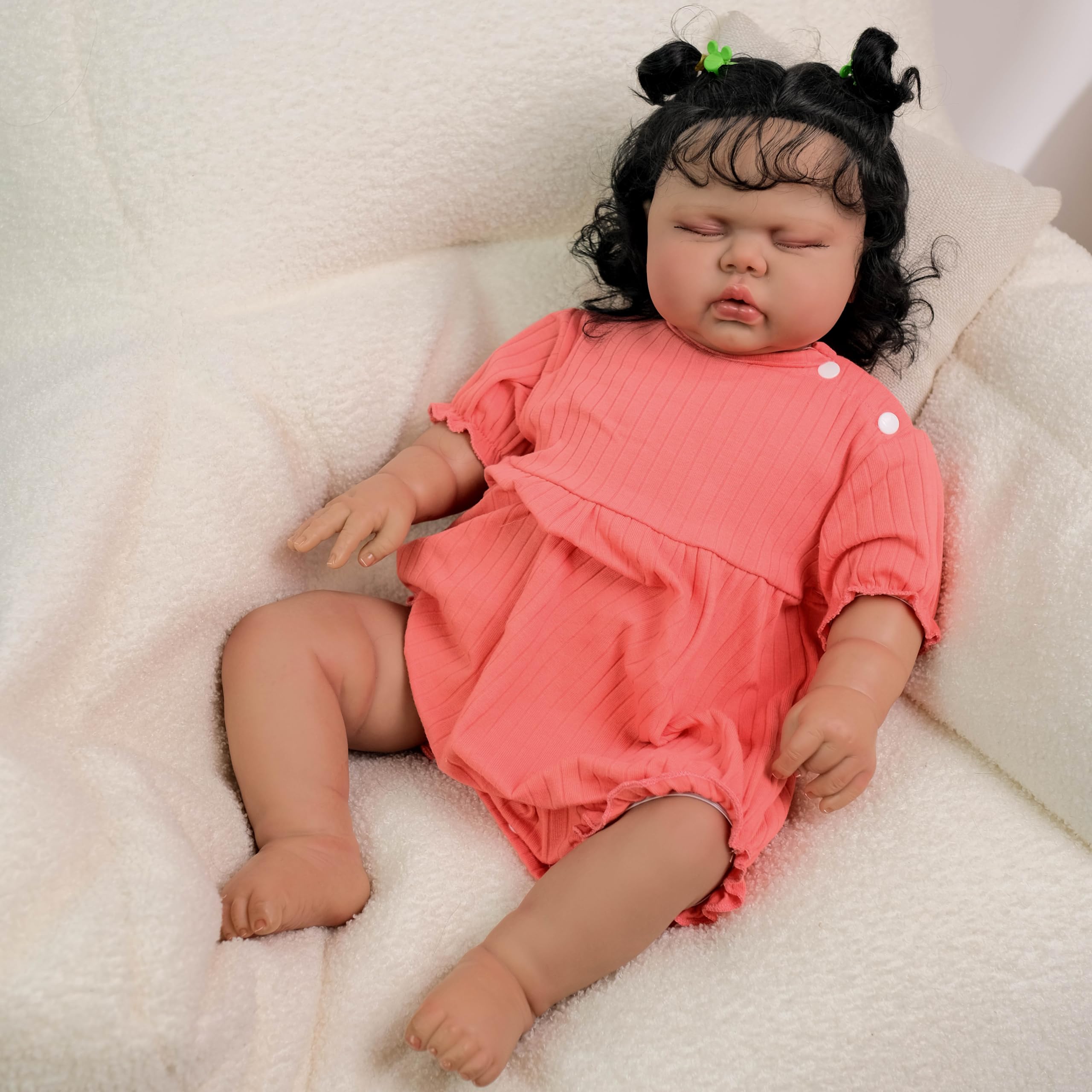 Reborn Babypuppen Schlafendes Mädchen 24 Zoll Afroamerikanisch Realistische Neugeborene Baby Puppen Weicher Körper Lockiges Haar Und Schwarzbrauner Haut Lebensechte Kleinkind Puppe