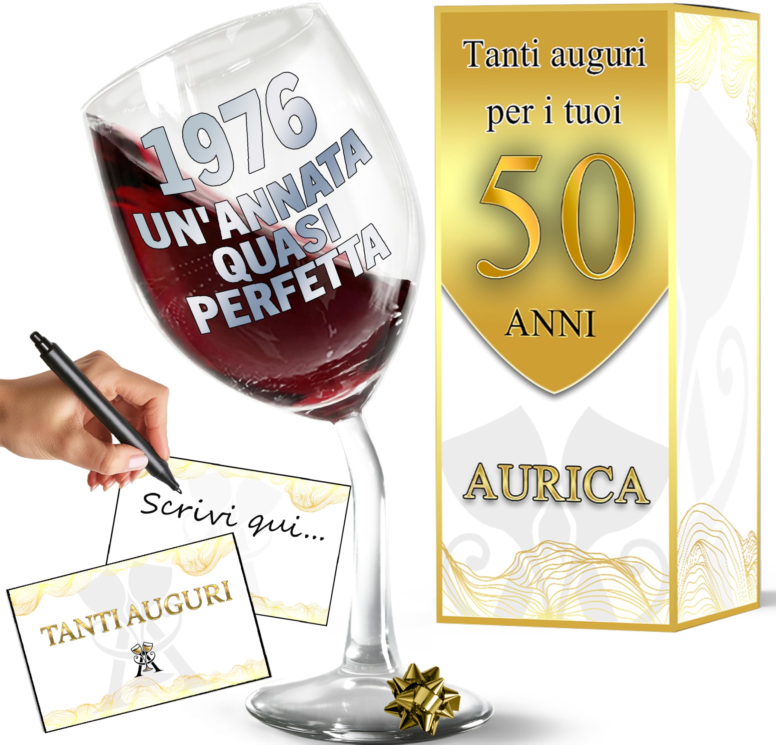 Calice Vino Personalizzato 50 ANNI - Bicchiere Piegato Da 440ml In Cristallino Per Compleanno 50 anni Uomo E Donna con Scatola Regalo Inclusa - Regalo Originale 1976 Un’Annata Quasi Perfetta