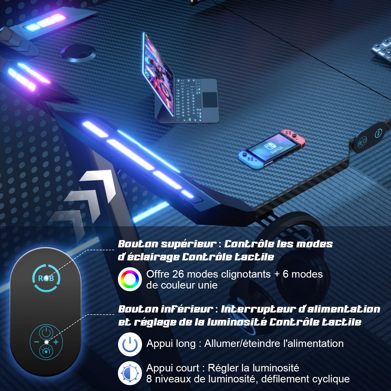 Devoko Bureau Gaming LED 120×60cm,Contrôleur Touché de Lumière par USB, Plusieurs Modes de Changement de lumière,Porte-gobelet et Crochet pour Casque, Bureau Gamer Informatique Ergonomique, Noir