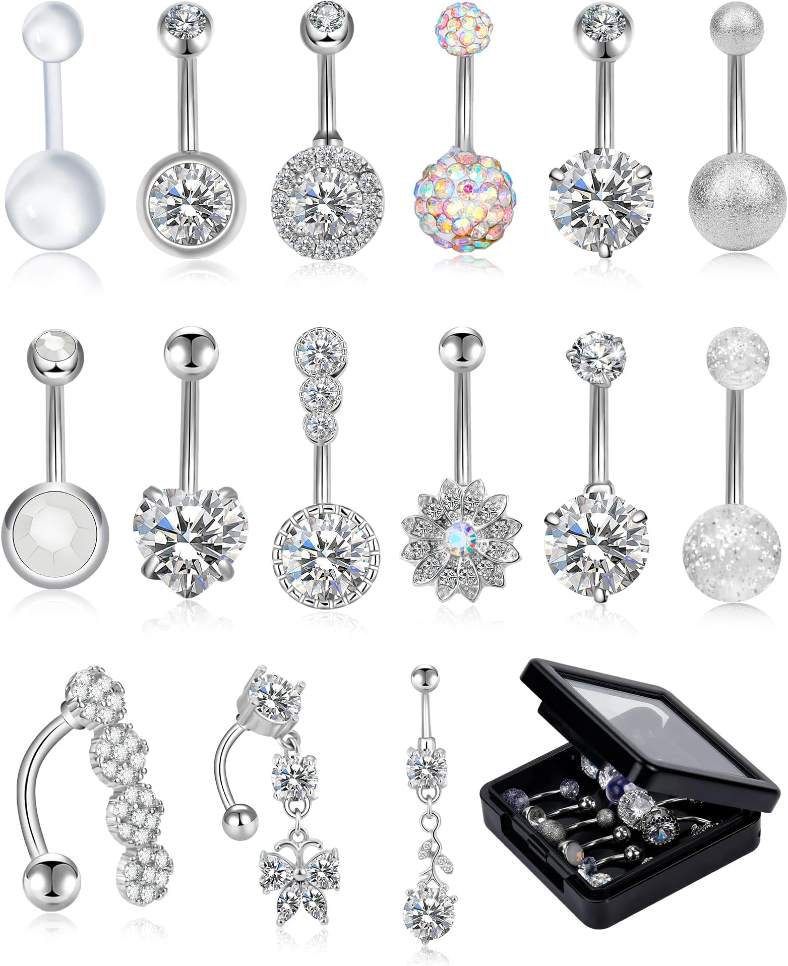 12/15/40Pcs Belly Button Rings 14G Belly Rings for Women CZ Dangle Curved Navel Barbell Body Piercing Jewelry with Gift Box