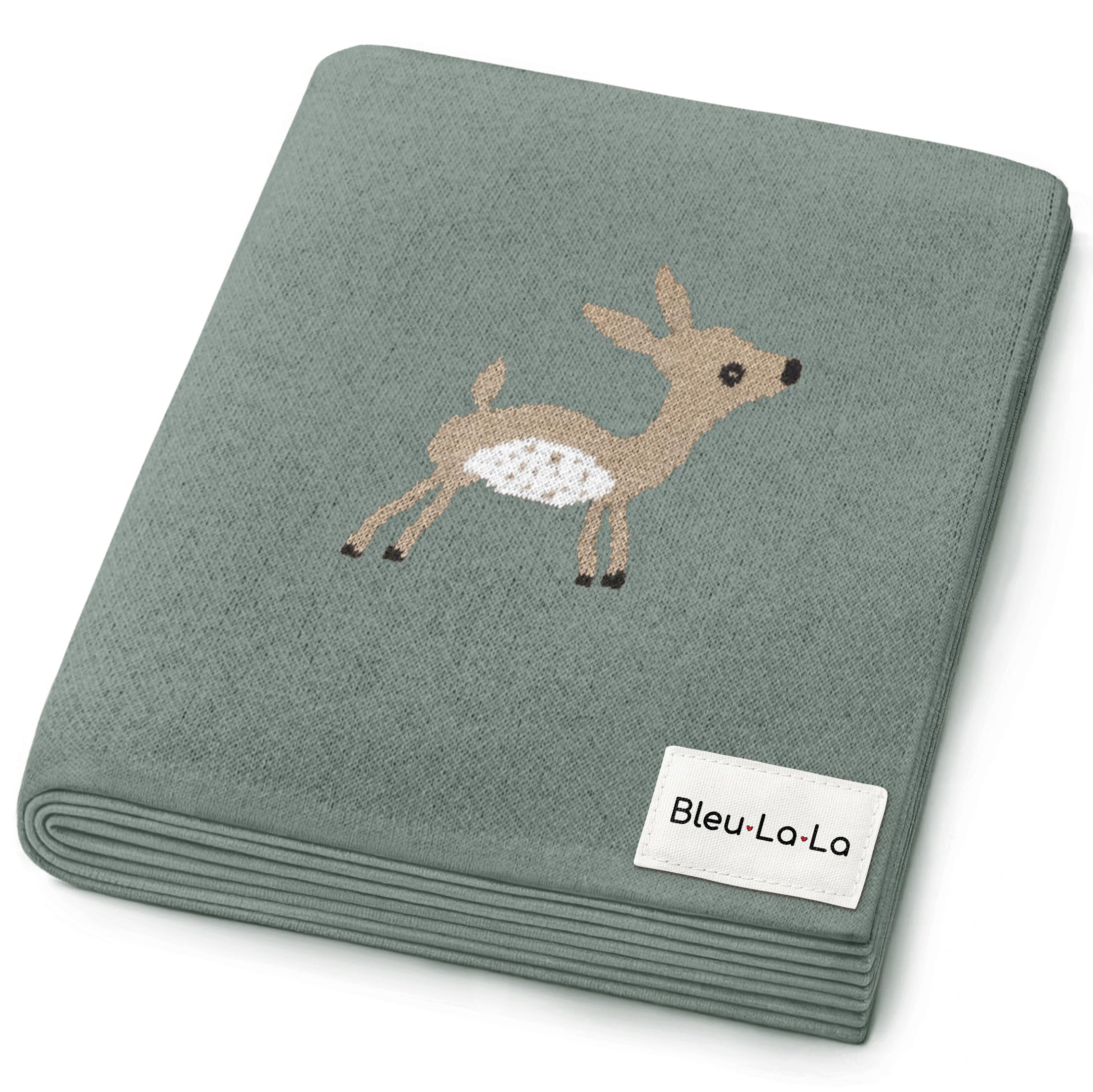 Coperta Fasciatoio a Maglia per Neonati - 100% Cotone Morbido e Confortevole, Coperta da Ricezione per Culla e Passeggino, Regalo per Bambini (Cervo - Salvia)