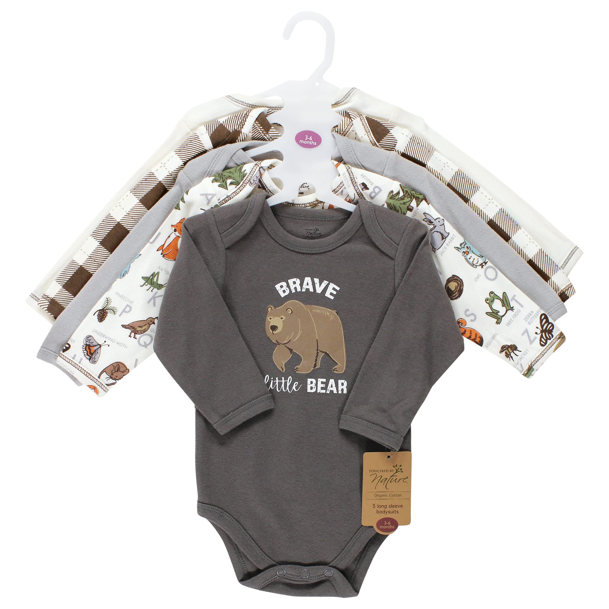 Touched by Nature Baby Cotton Long-Sleeve Bodysuits, Months Body Unisex de algodón orgánico de Manga Larga para niño Alphabet 9-12 Meses, Boy Woodland-Alfabeto (5 Unidades), Bebés
