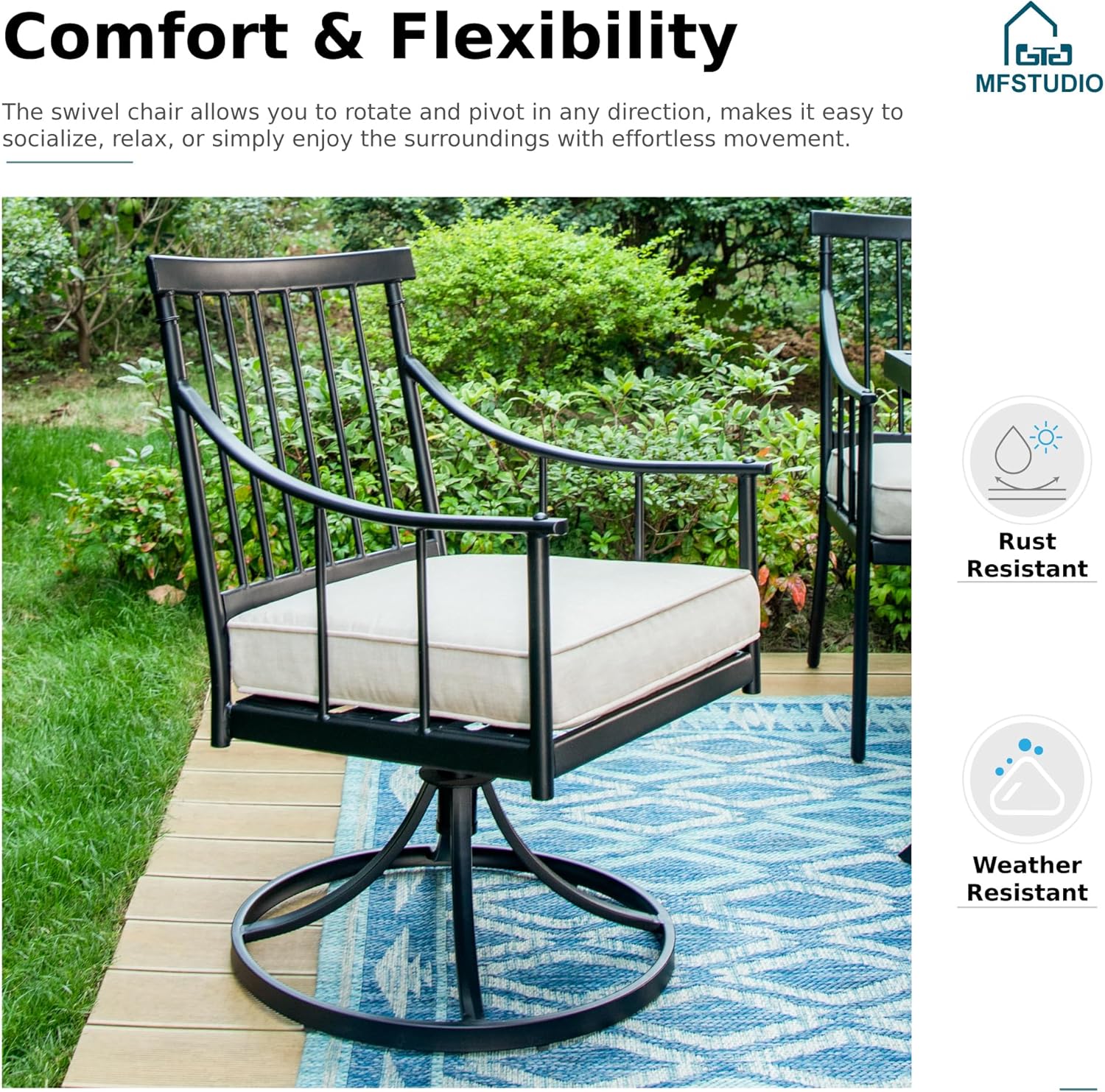MFSTUDIO 9PCS Outdoor Patio Dining Set, Outdoor Table Chair Set with 1 Large Rectangular Expandable Table, 8 Armrest Chairs with Removable Cushions, Include 6 Fixed and 2 Swivel Chair
