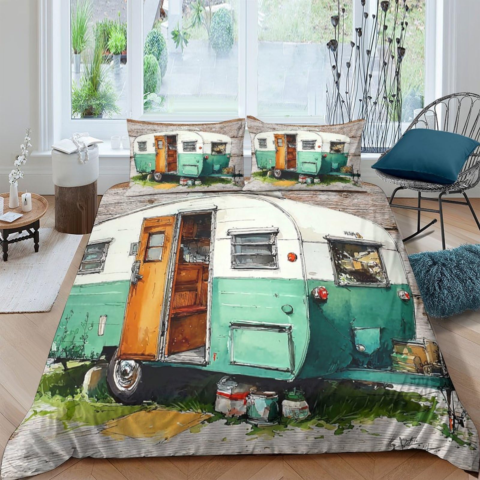 Ctjqhvkz Style-7 3D Printed Vintage Caravan Fitted Sheet Microfiber Boho Camper Bed Sheet Non-Slip Washable For Bedroom Guest Decor Single（135X200cm）