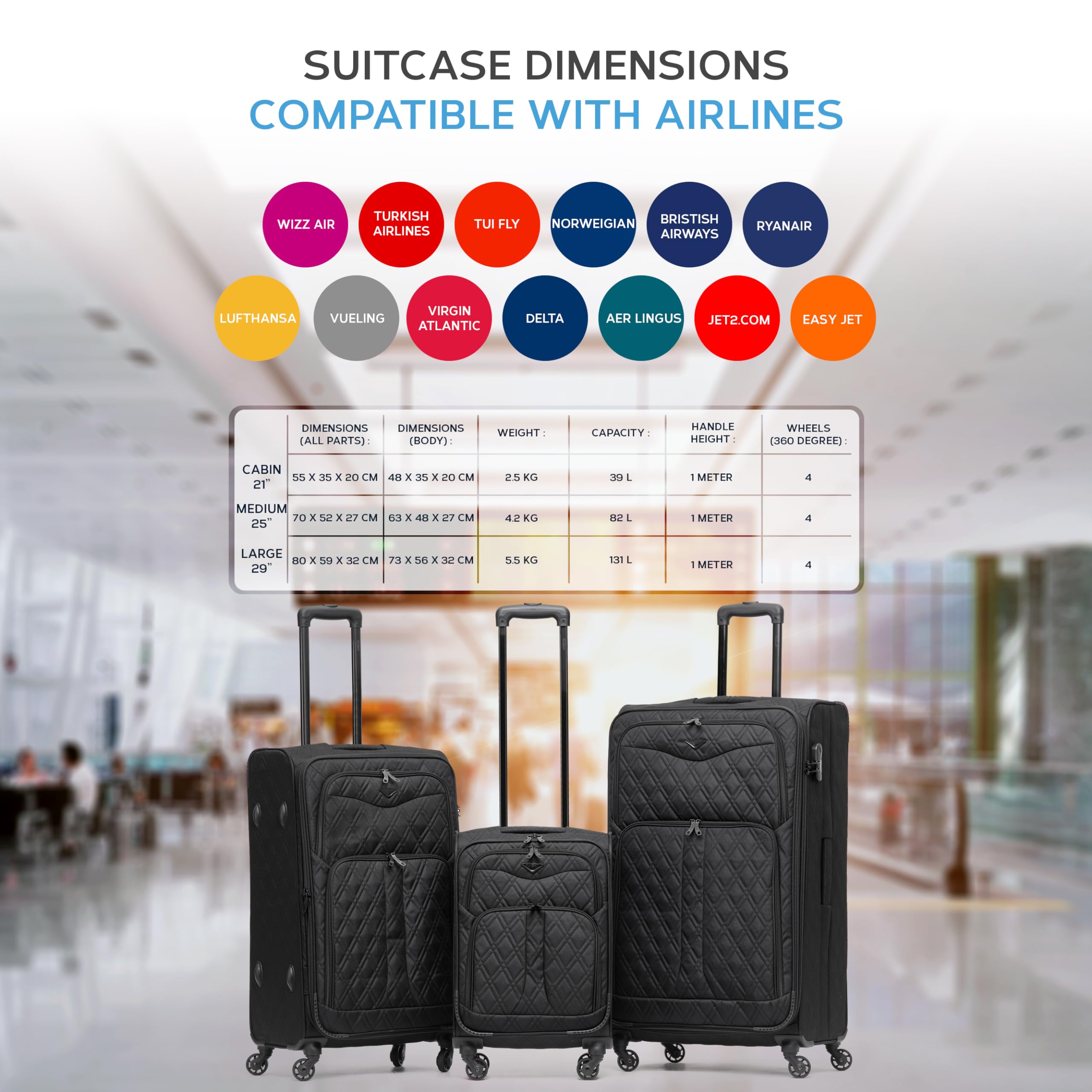 Flight Knight Lightweight 4 Wheel 800D Soft Case Quilted Suitcases Anti Crack Cabin & Hold Luggage Options Approved for Over 100 Airlines Including easyJet, BA & Many More!