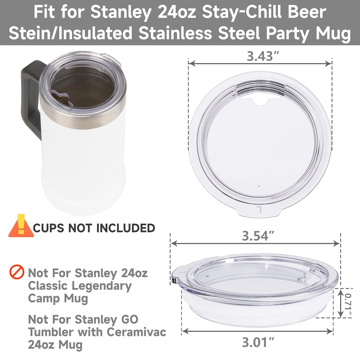 2PCs Cup Lids for Stanley 24oz Stay-Chill Beer Stein/Insulated Stainless Steel Party Mug, Transparent Replacement Cup Lids with Sealing Silicone Ring, Drinking Cup Covers (Mug NOT Included) - Image 2