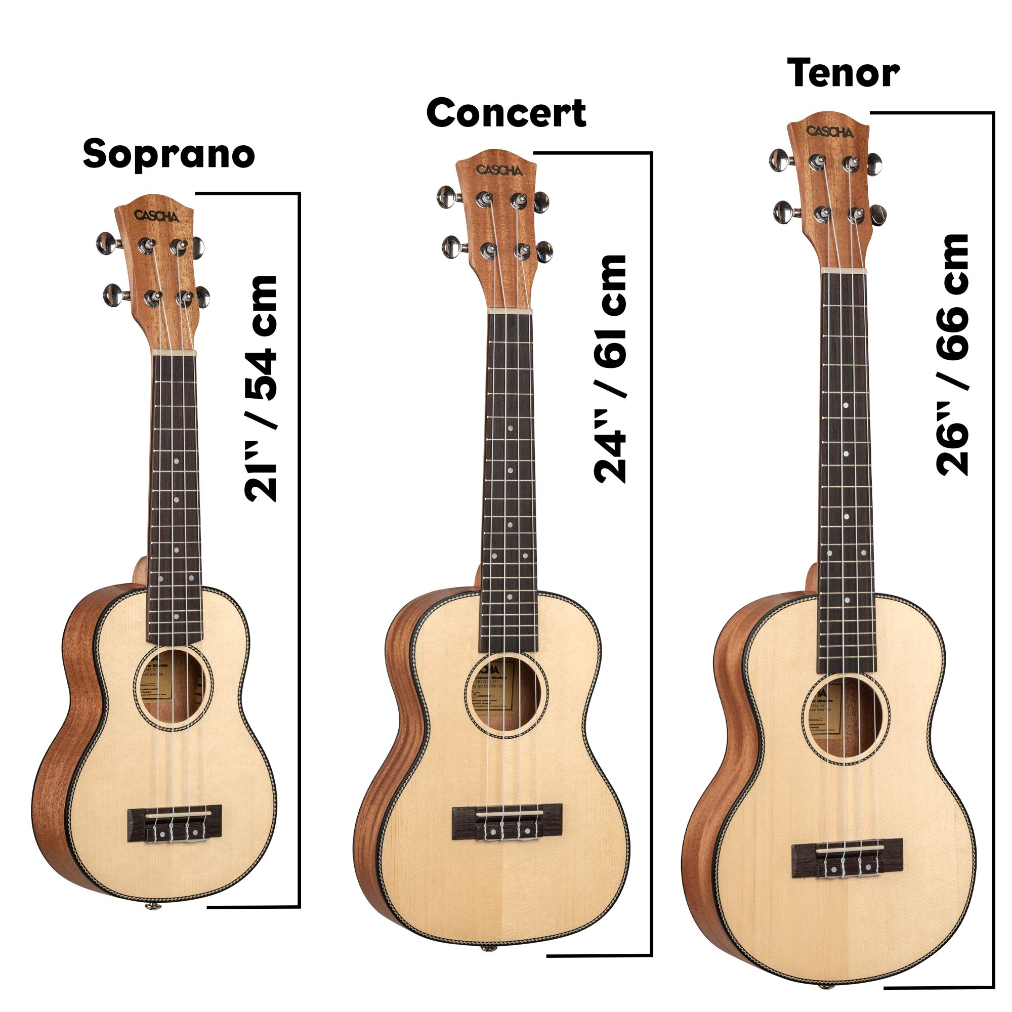 CASCHA Konzert Ukulele, Massive Fichtendecke, Solid Top, Hawaii Gitarre Starter Lern Set mit Zubehör, Aquila-Saiten, Anfänger Buch, Tasche, Stimmgerät und 3 Plektren