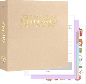 AKONEGE Recipe Binder 8.5"x11" 3 Ring Set Waterproof Recipe Book Binder with 75 Plastic Sleeves, 10 Dividers, 100 Recipe Cards, Labels & Stickers, Hardcover Cookbook for Baking Cooking, Sand Color