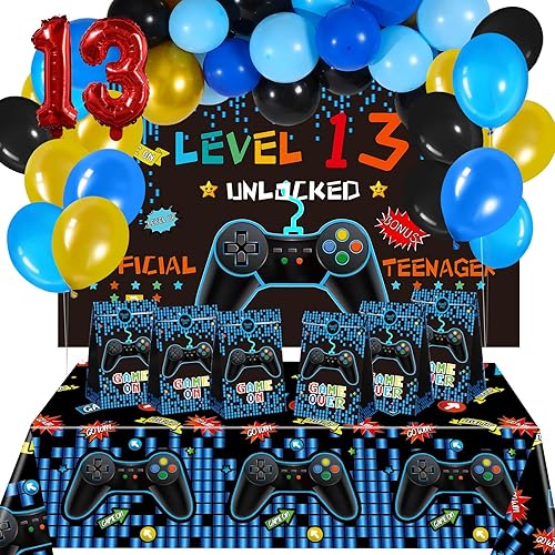 Miniatura 5 de BBTO Decoraciones de fiesta de cumpleaños de videojuegos número 13 para niños, 69 piezas de nivel 13 en adelante, decoración de fiesta de