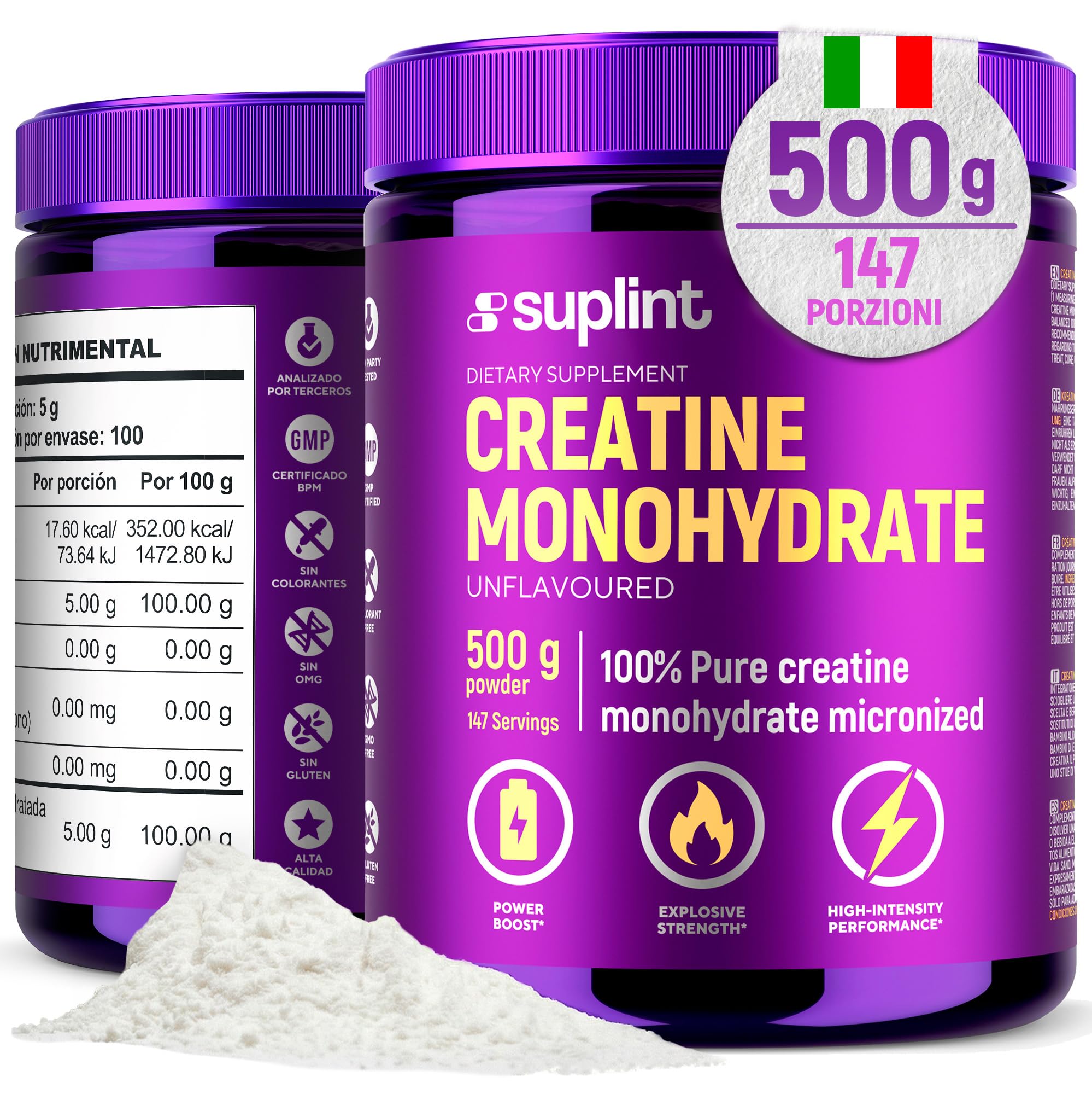 Polvere di Creatina Monoidrata 500 g – 147 Porzioni – 100 % Creatina Monoidrato Pura – Qualità Micronizzata – Vegano, Senza OGM – Integratore Sportivo per Forza, Muscoli & Recupero