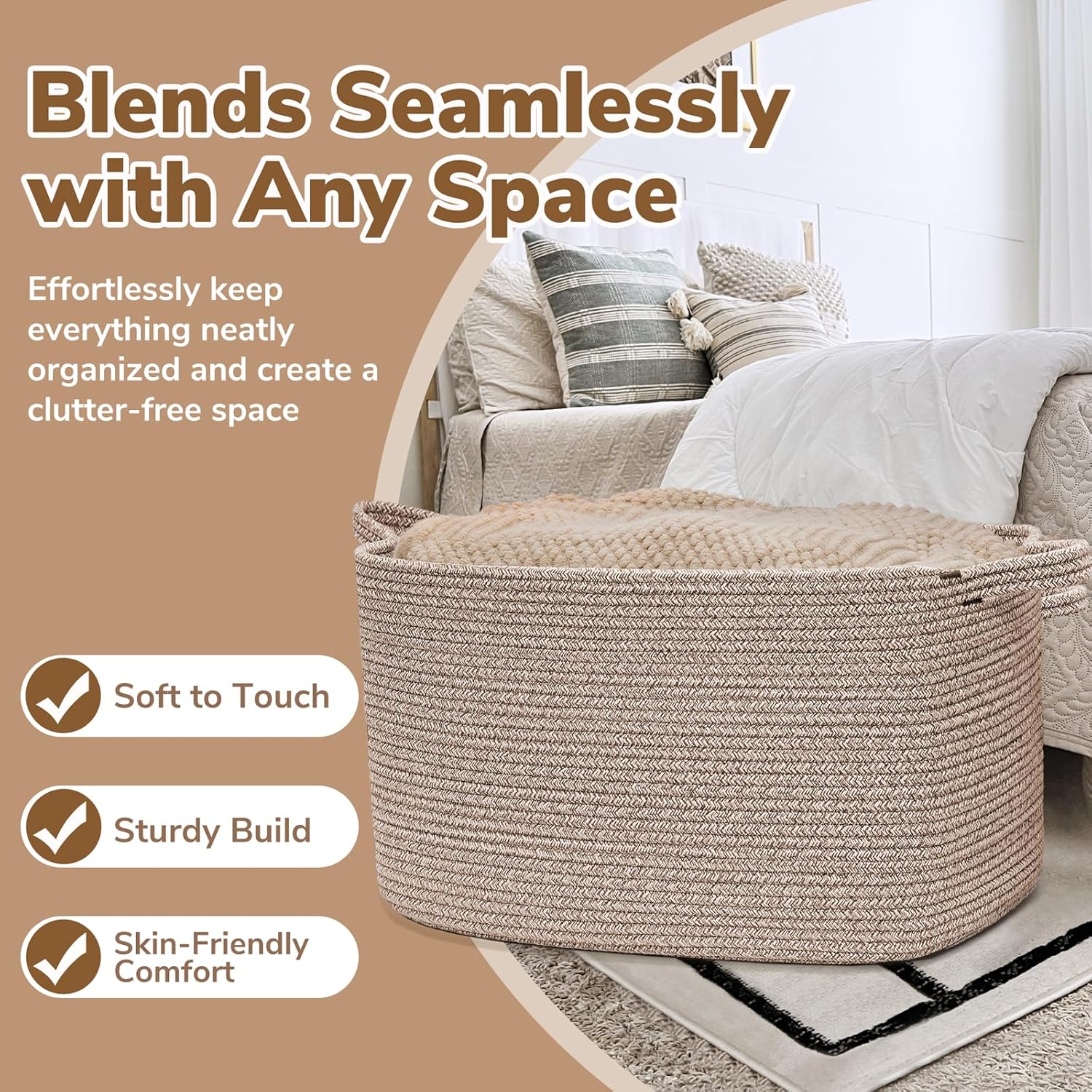 Goodpick Blanket Basket, Woven Baskets for Storage, Extra Large Storage Basket for Clothes, Toys, Dirty Clothes Basket for Laundry, Living Room, 23.6" x 15.7" x 13.8", Brown, 85L