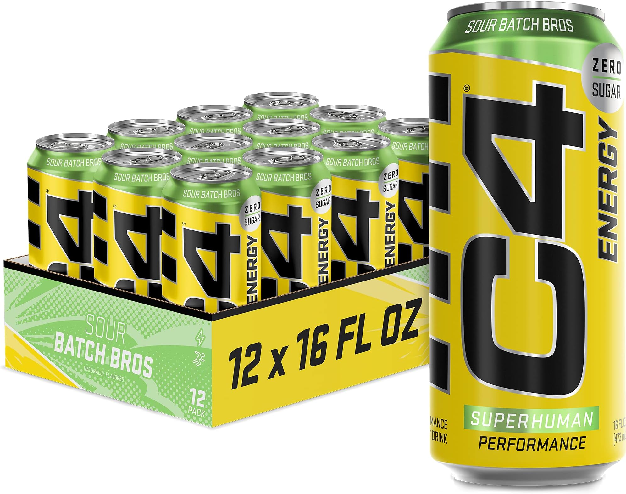 Cellucor C4 Original Carbonated Zero Sugar Energy Drink, Pre Workout Drink + Beta Alanine, Sour Batch Bros, 16 Fl Oz (Pack of 12)