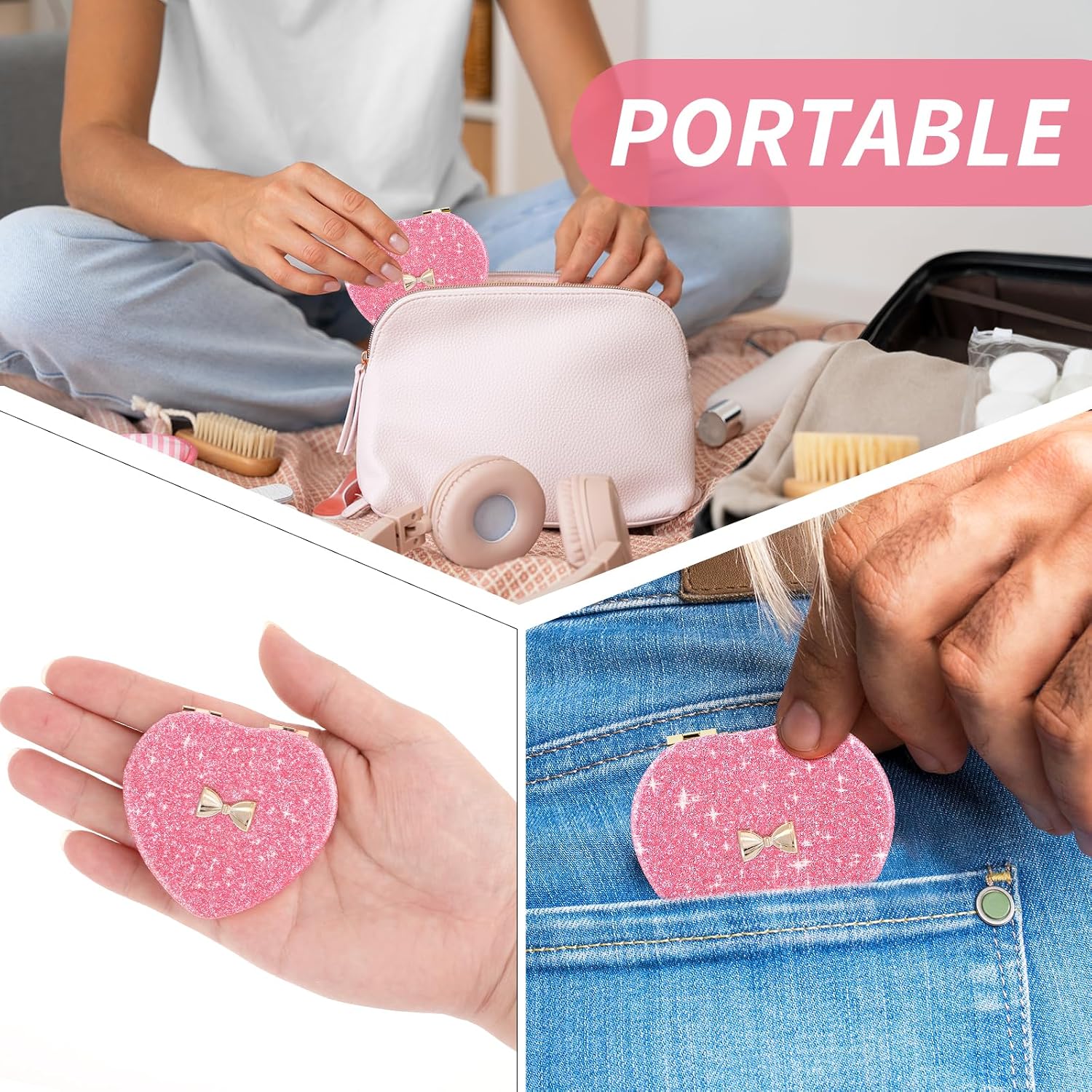 Dimeho Compact Folding Mirror Heart Shaped Magnifying Mini Vanity Mirror Portable Travel Makeup Mirror for Purse Double-Sided Cute Glitter Cosmetic Mirror for Women Handbag Wallet Home Office