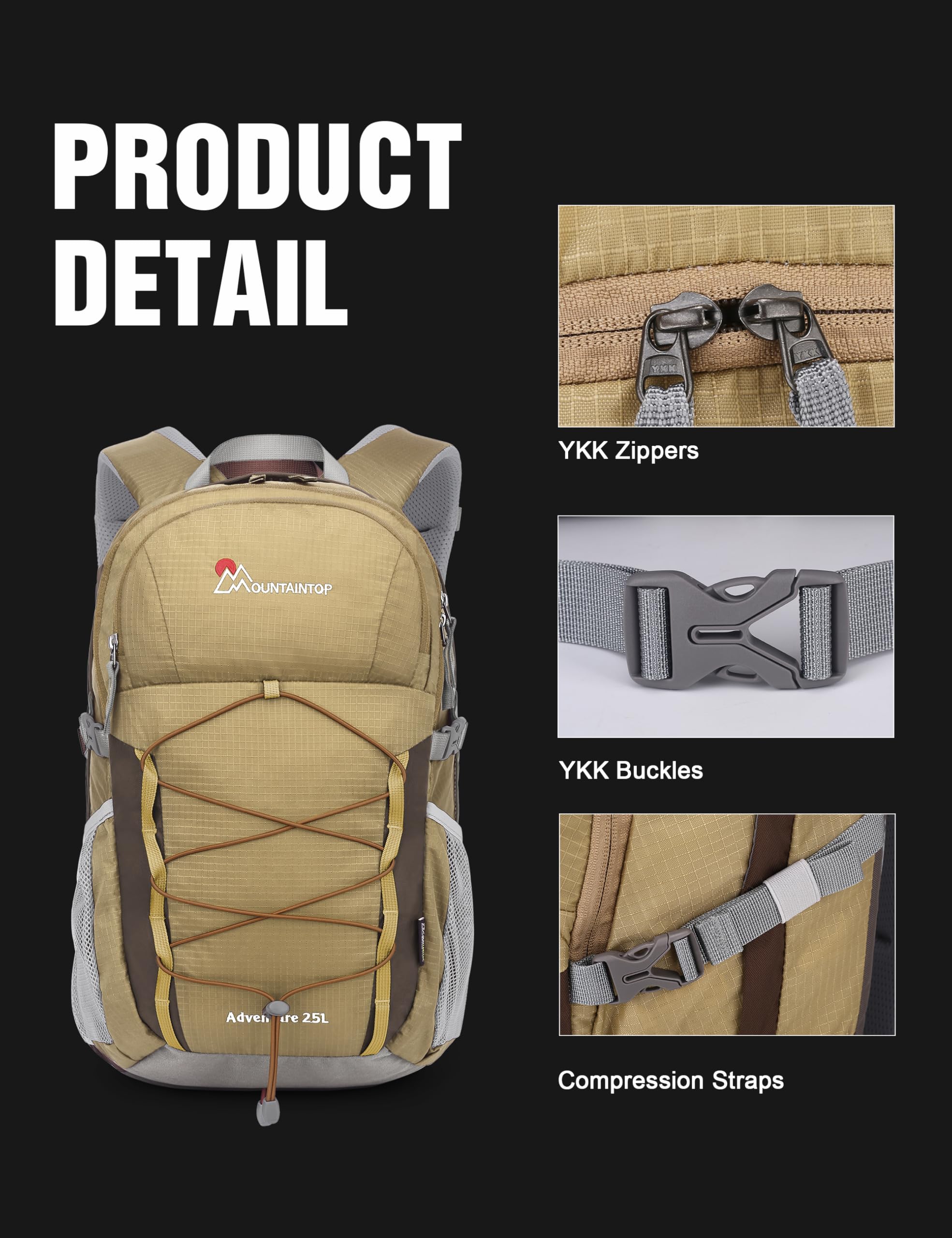 Mountaintop Sac à dos de randonnée pour homme et femme - 25 l/40 l, 25 l, café, 25L | Sac à dos de trekking YKK avec housse de pluie pour camping, voyage, voyage