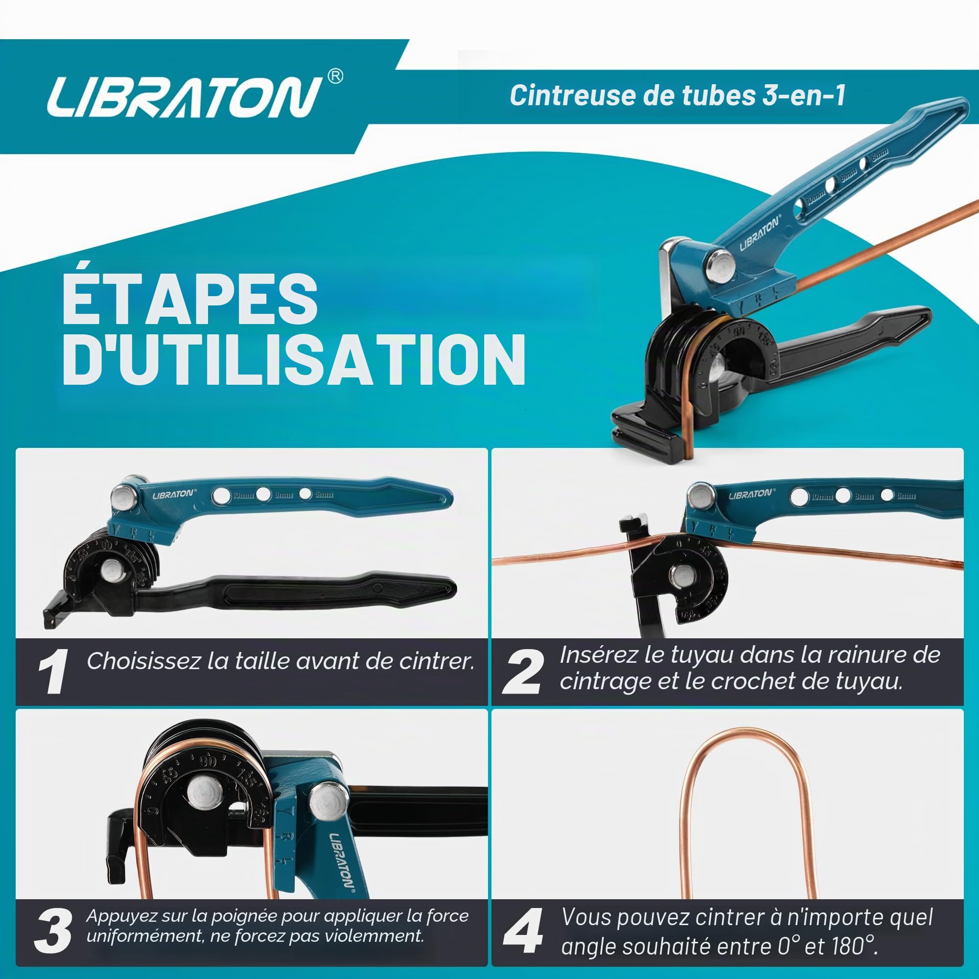 Libraton Cintreuse de tuyaux en cuivre et conduites de frein, outil de cintrage 3 en 1, cintreur de tuyaux 0-180 degrés, 6 mm, 8 mm, 10 mm, machine manuelle pour tuyaux en cuivre, aluminium et métal