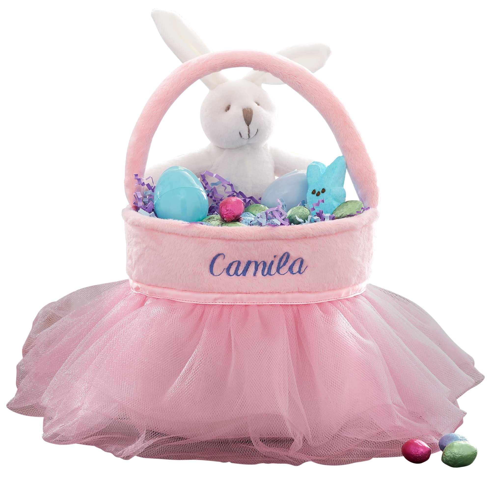 Personalization Universe Tutu Personalized Easter Basket, Embroidered Plush Bag with Tulle Tutu Dress, Perfect for Girls Easter Egg Hunts, Customizable with Name, 7x7 inches, Polyester - Pink