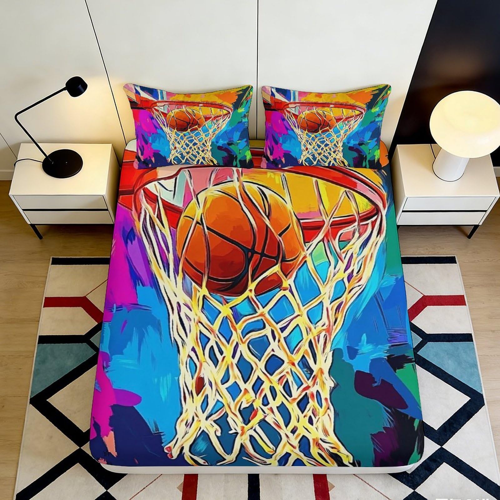 3D Printed Basketball Hoop Fitted Sheet Microfiber Colourful Art Bed Cover for Bedroom Guest Room Mattress Decor 90x200x25cm