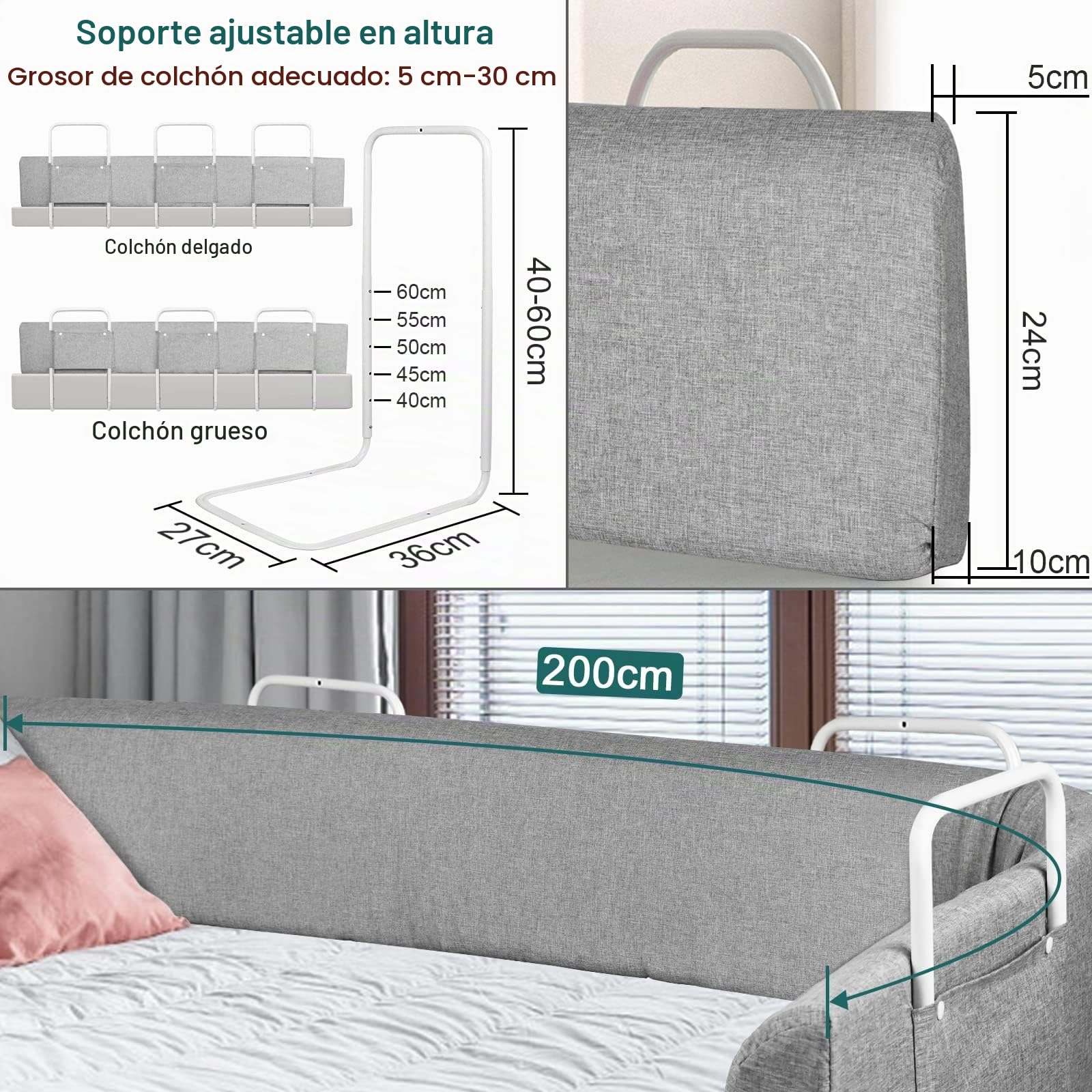 UISEBRT Barrera de Seguridad 200 cm, Barrera de Cama para bebé, protección contra caídas, Altura Ajustable, Barandilla Protectora de Cama deformables para niños y bebés, Gris