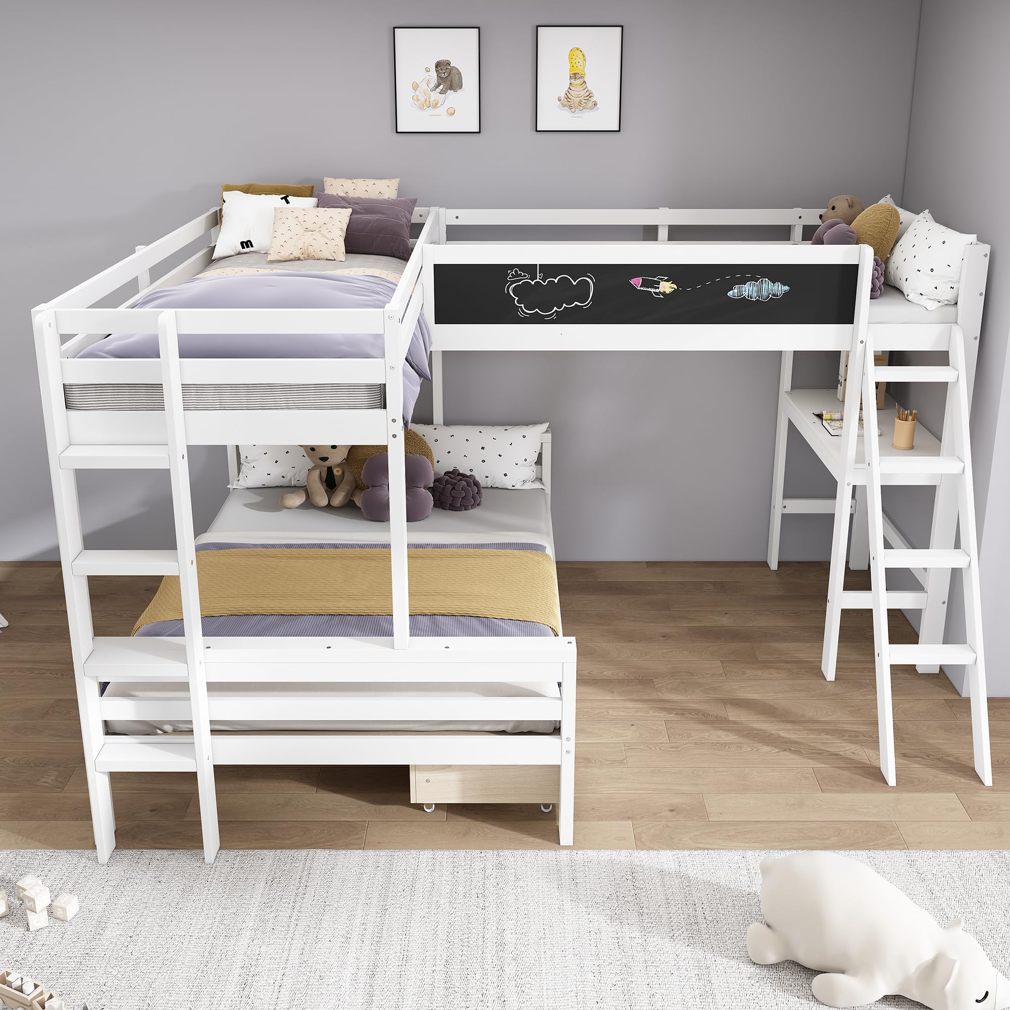 Letto a soppalco a 3 posti letto, scrivania, scaffale, letto a castello per 3 bambini con cassetti e scale, in legno di pino, 140 x 200 cm + 90 x 200 cm, colori: bianco e rovere