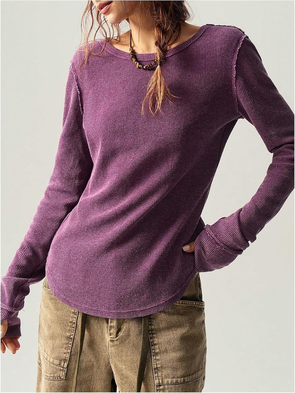 Women's Waffle Knit Long Sleeve T Shirts Crew Neck Fitted Tops Fall Clothes - Image 4