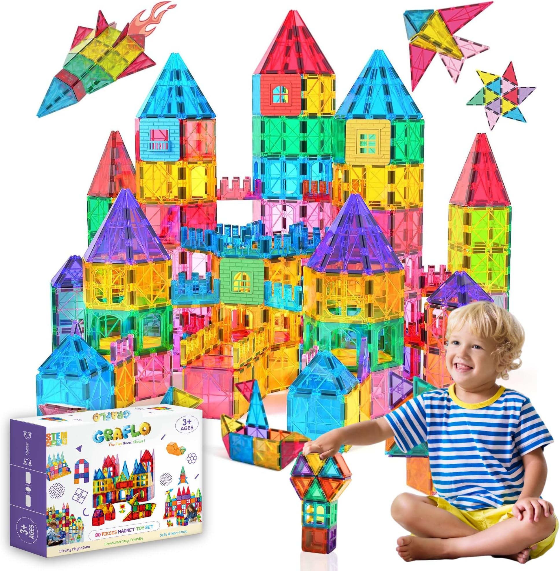GRAFLO Magnetic Tiles 90 Pcs Building & Construction Set Vibrant 3D Building Toys - Magnetic Tiles for Kids - STEM Toy - Magnet Puzzles Stacking Blocks for Boys Girls - 3+ Years Toys