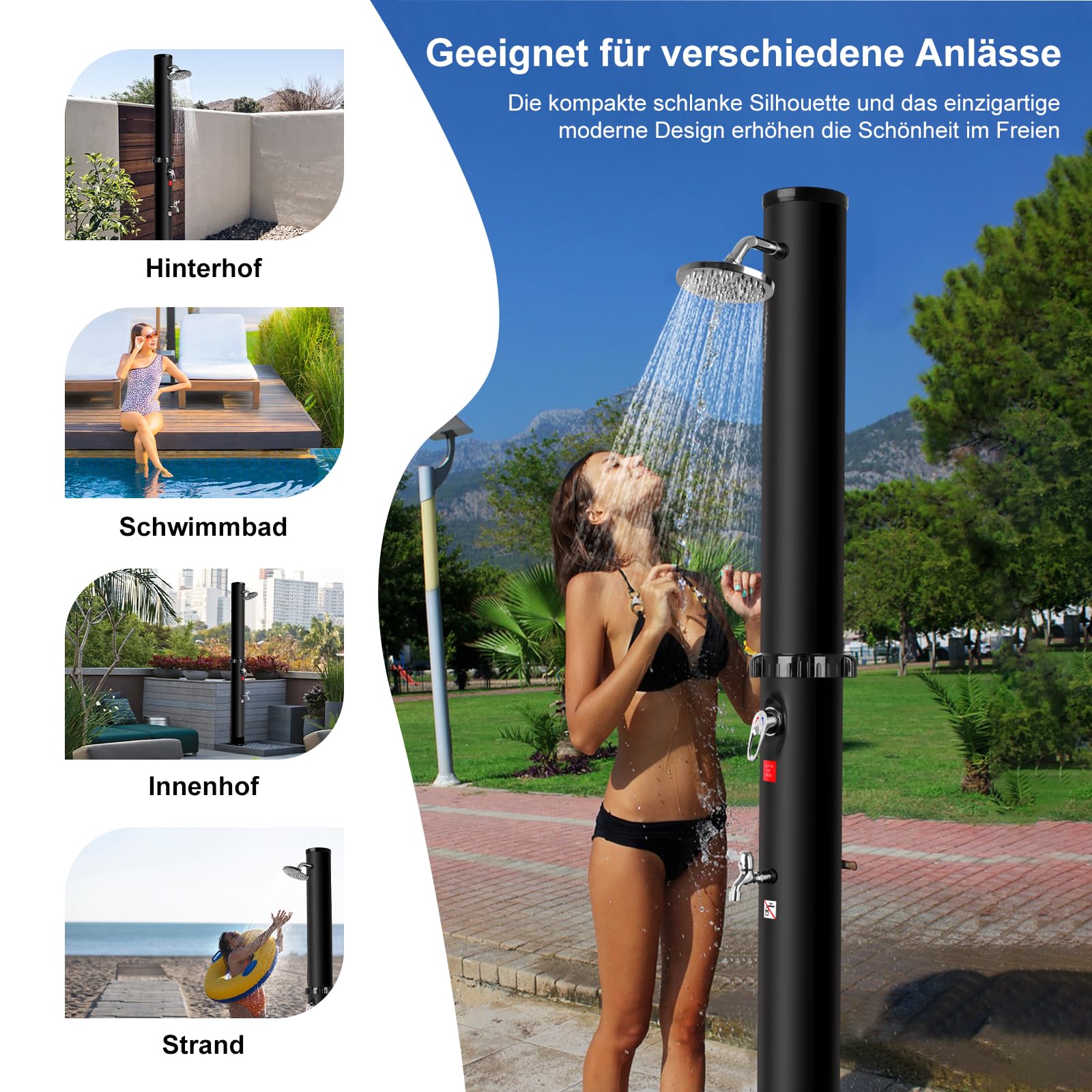 Solardusche für Garten, Solar Gartendusche Aussendusche mit Verstellbarem Regenduschkopf und Wasserhahn, Pooldusche mit Temperatur und Druckregelung für Garten Schwimmen Pool (40L)
