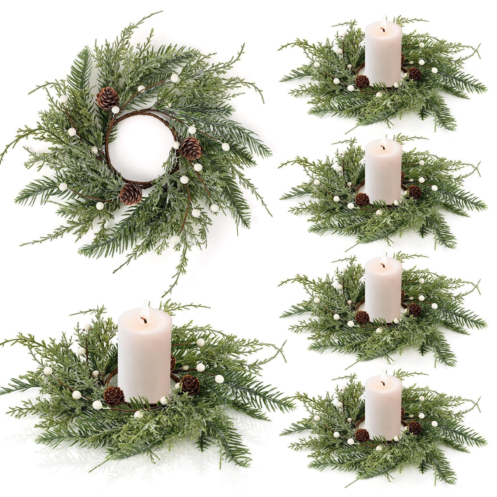 6 PCS Christmas Wreath Candle Rings Mini Wreath Pine Garland Artificial Frosted Cedar and Pine Cone Candle Rings Holder for Christmas Wedding Home Table Centerpiece Door Window Chair Wall