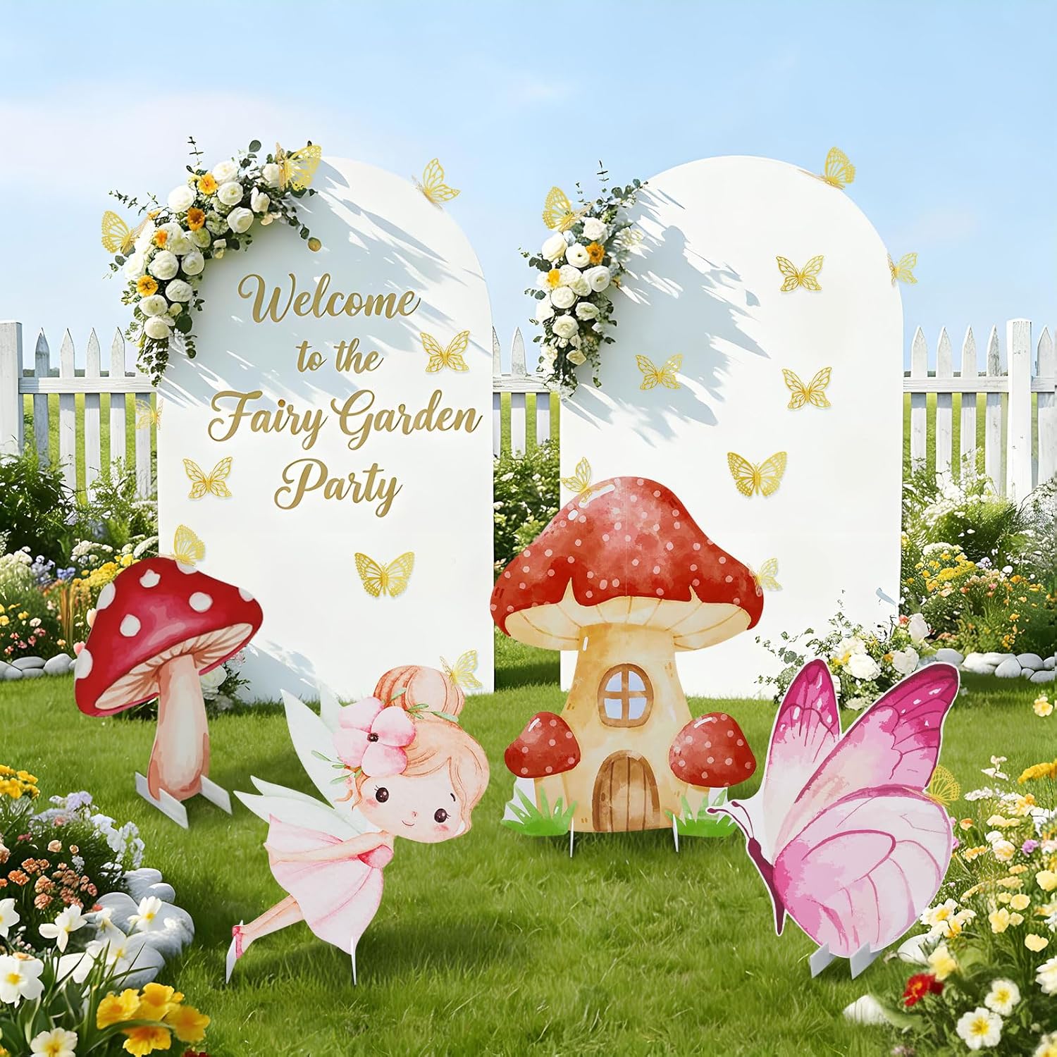 4 Large 23.6 Inch Fairy Theme Cardboard with Stand and 20 Butterfly Cutout, Prop up Mushroom Butterfly Fairy Decoration for Birthday Baby Shower Gender Reveal Supplies