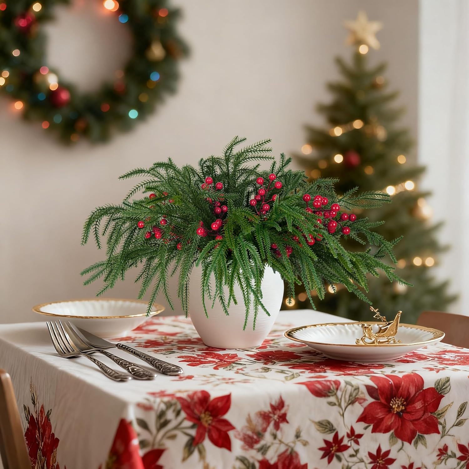10 Pcs Christmas Norfolk Pine Stems with Red Berries,Real Touch Faux Cedar Norfolk Pine Branches,Fake Greenery Plants for Vase Table Centerpieces,DIY Crafts Picks Garland Wreath Home Christmas Decor