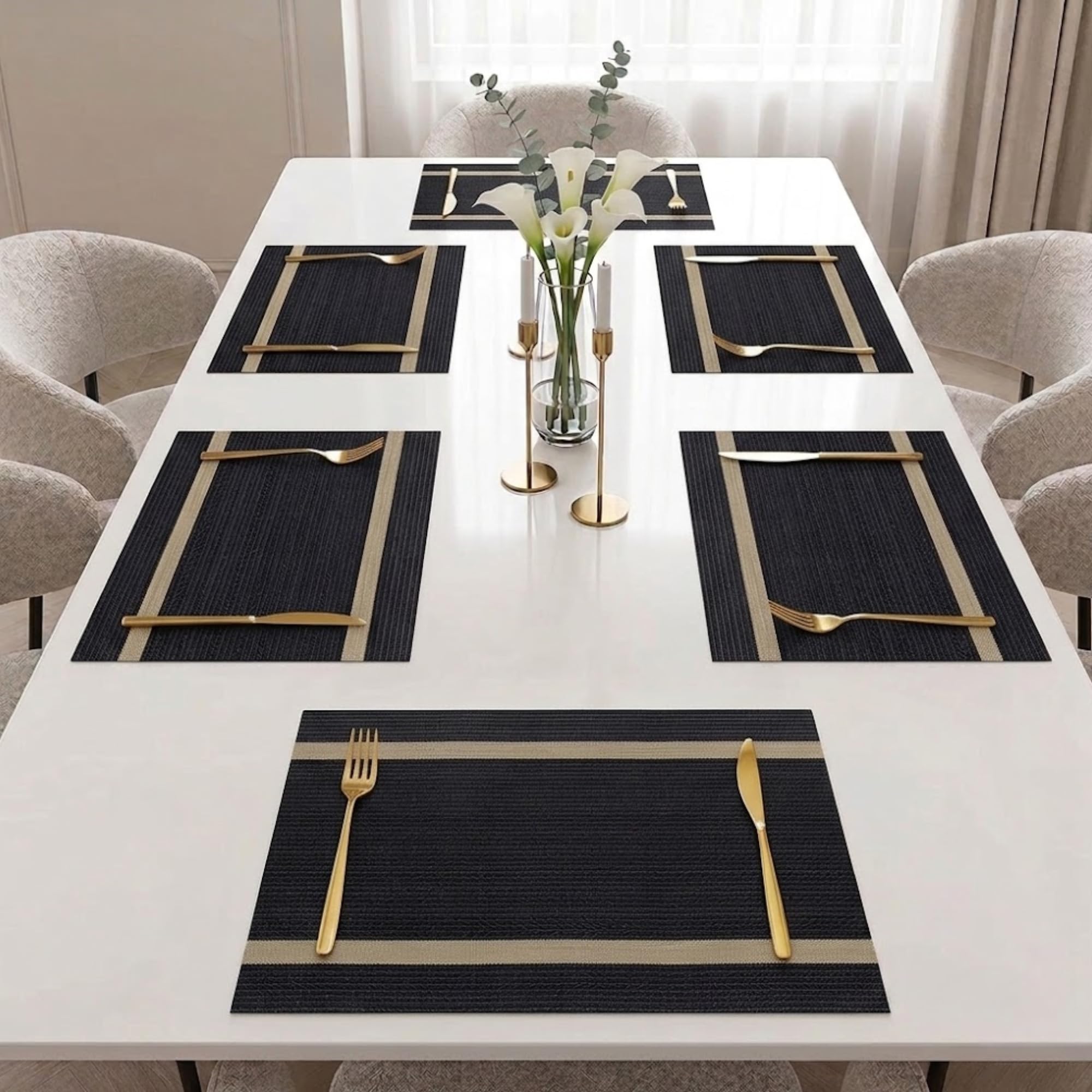 daiDokoro Rectangular Crossweave Woven PVC Vinyl Non-Slip Insulation Heat-Resistant & Waterproof Stain Resistant Washable Placemat for Dining & Kitchen Table-(Black & Beige,Set of 6)