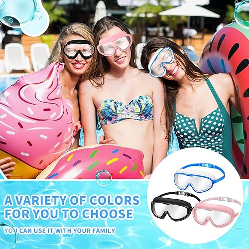 Miniatura 4 de Paquete de 3 gafas de natación para adultos, gafas anchas de natación sin fugas, gafas antivaho, con clips para la nariz, tapones para los oídos